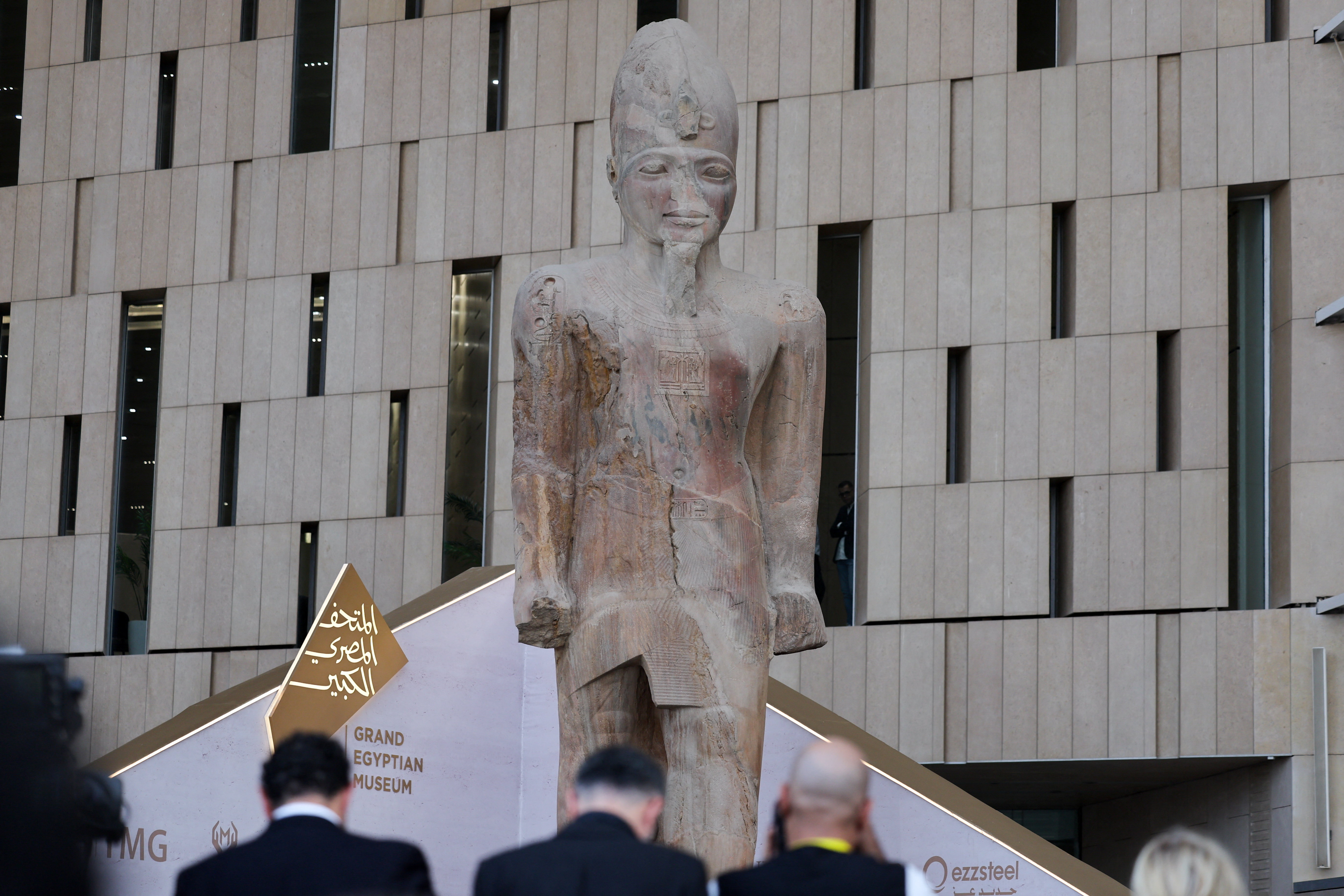 Media members attend the Egyptian Prime Minister Mostafa Madbouly press conference ahead of the Grand Egyptian Museum (GEM) opening ceremony, near the Giza pyramid complex, in Giza, Egypt, November 1, 2025.