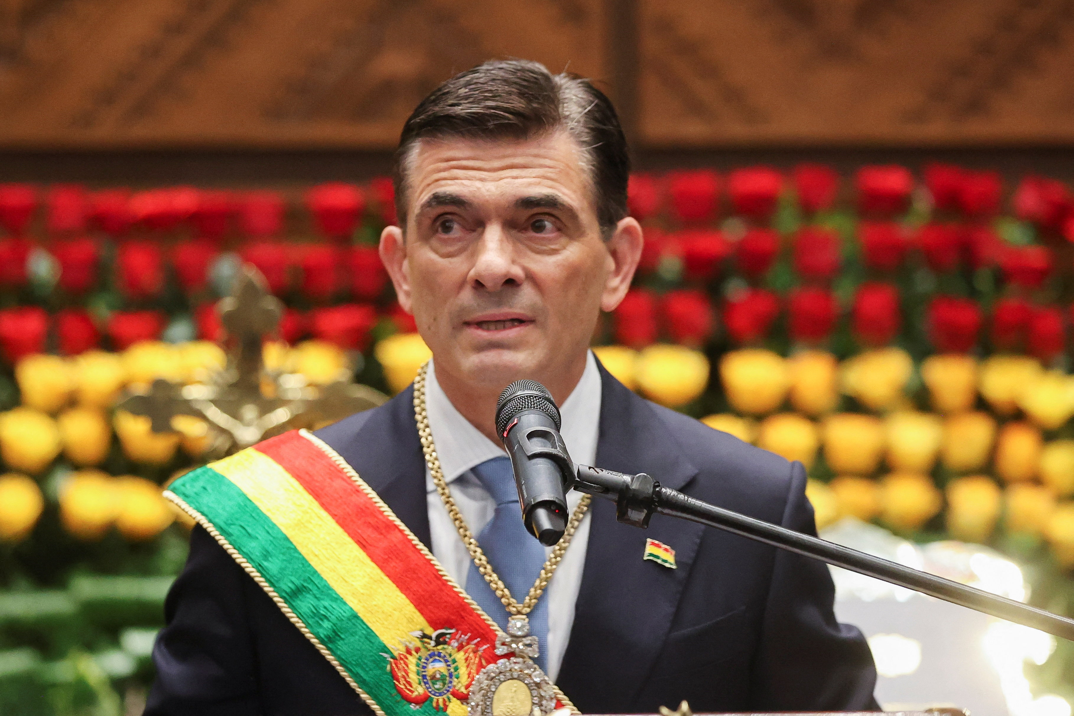 Bolivian President Rodrigo Paz speaks during his swearing-in ceremony at the Plurinational Legislative Assembly in La Paz, Bolivia, November 8, 2025.