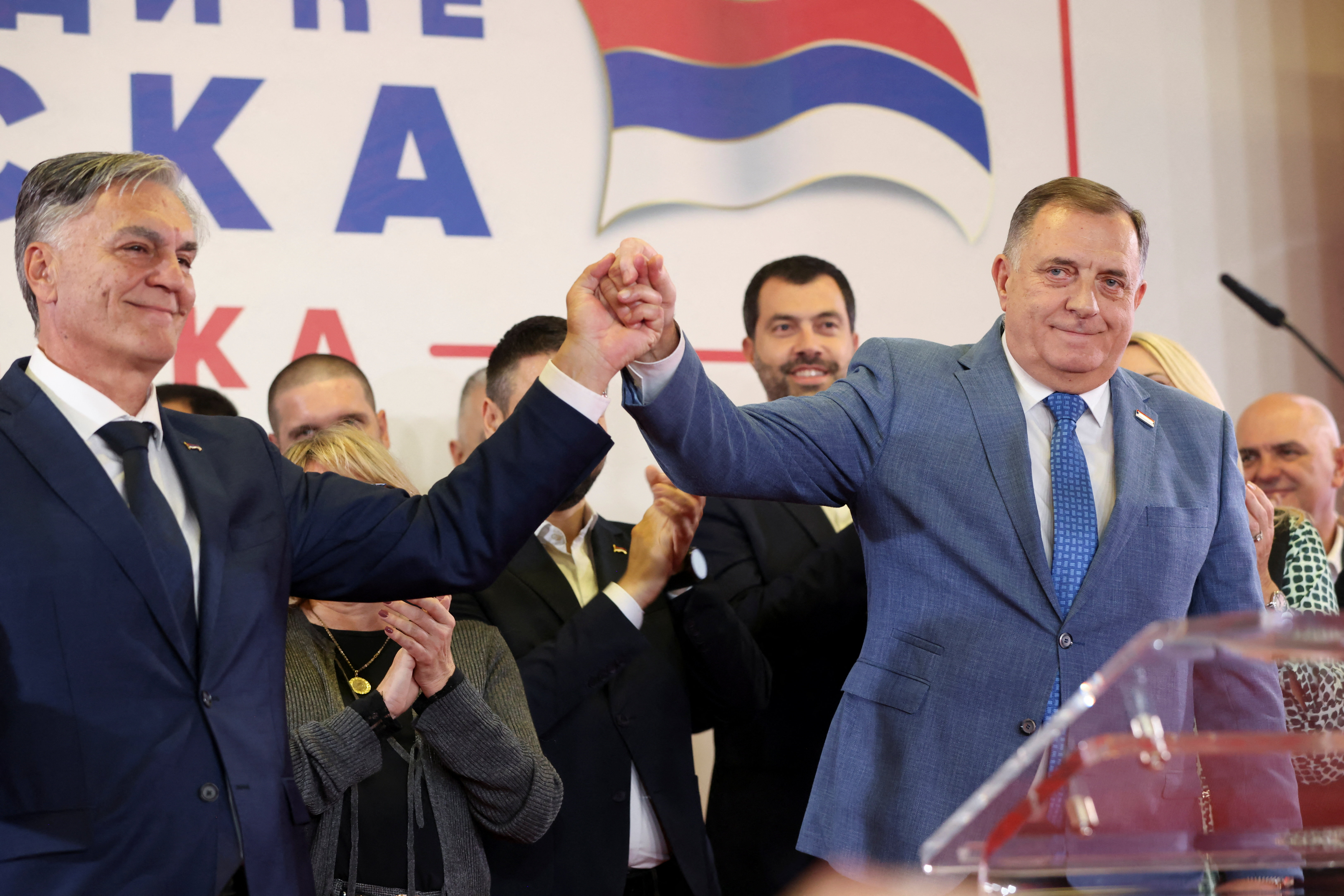 Milorad Dodik, former President of the Bosnian Serb Republic, and Sinisa Karan attend a press conference after preliminary results indicated Karan won a snap presidential election in Banja Luka, Bosnia and Herzegovina, November 23, 2025.