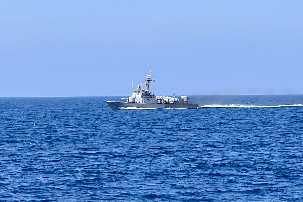 A coastguard boat patrols in the Mediterranean Sea
