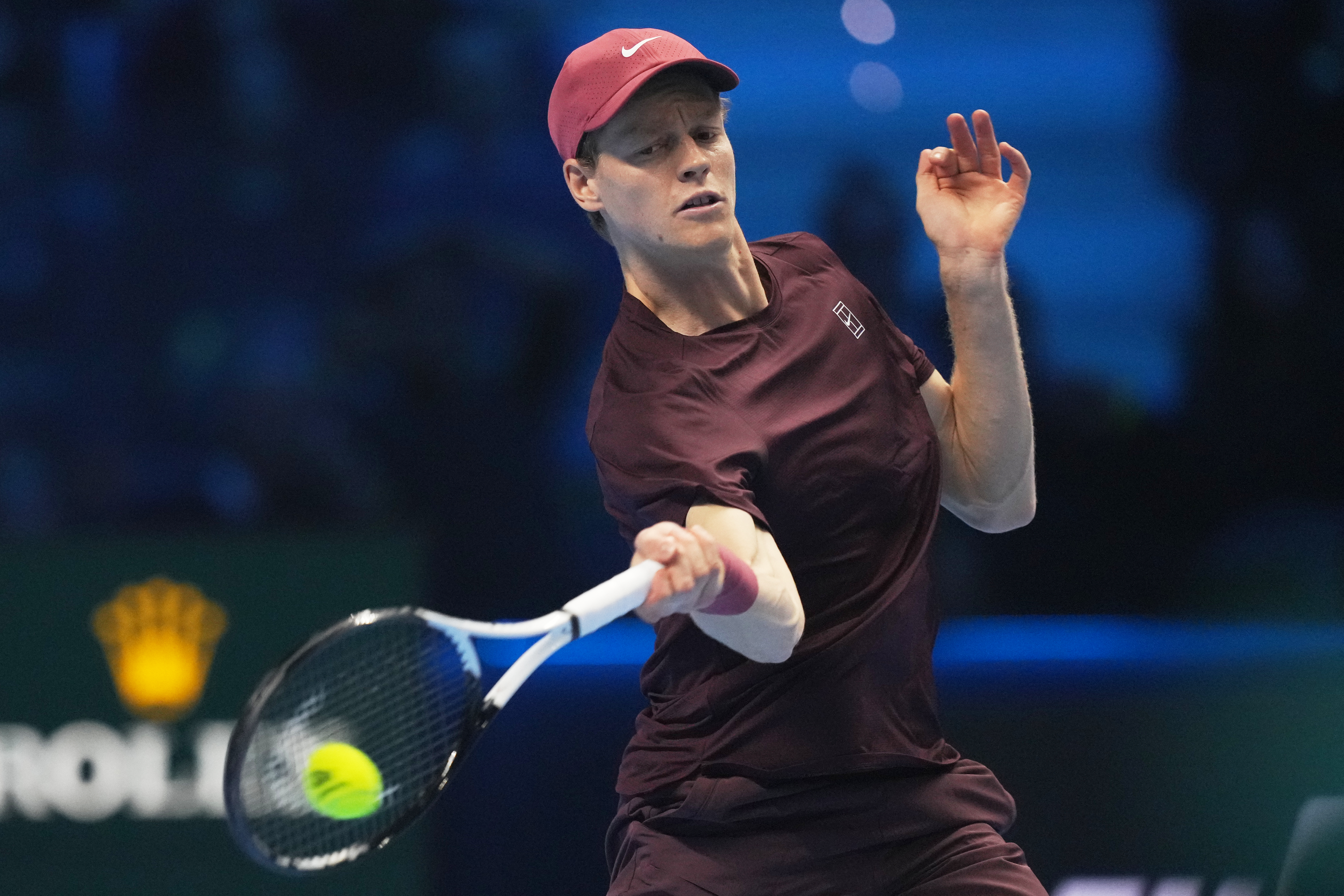Sinner returns the ball to Canada’s Felix Auger-Aliassime during their ATP World Tour Finals match in Turin, Italy, on November 10, 2025