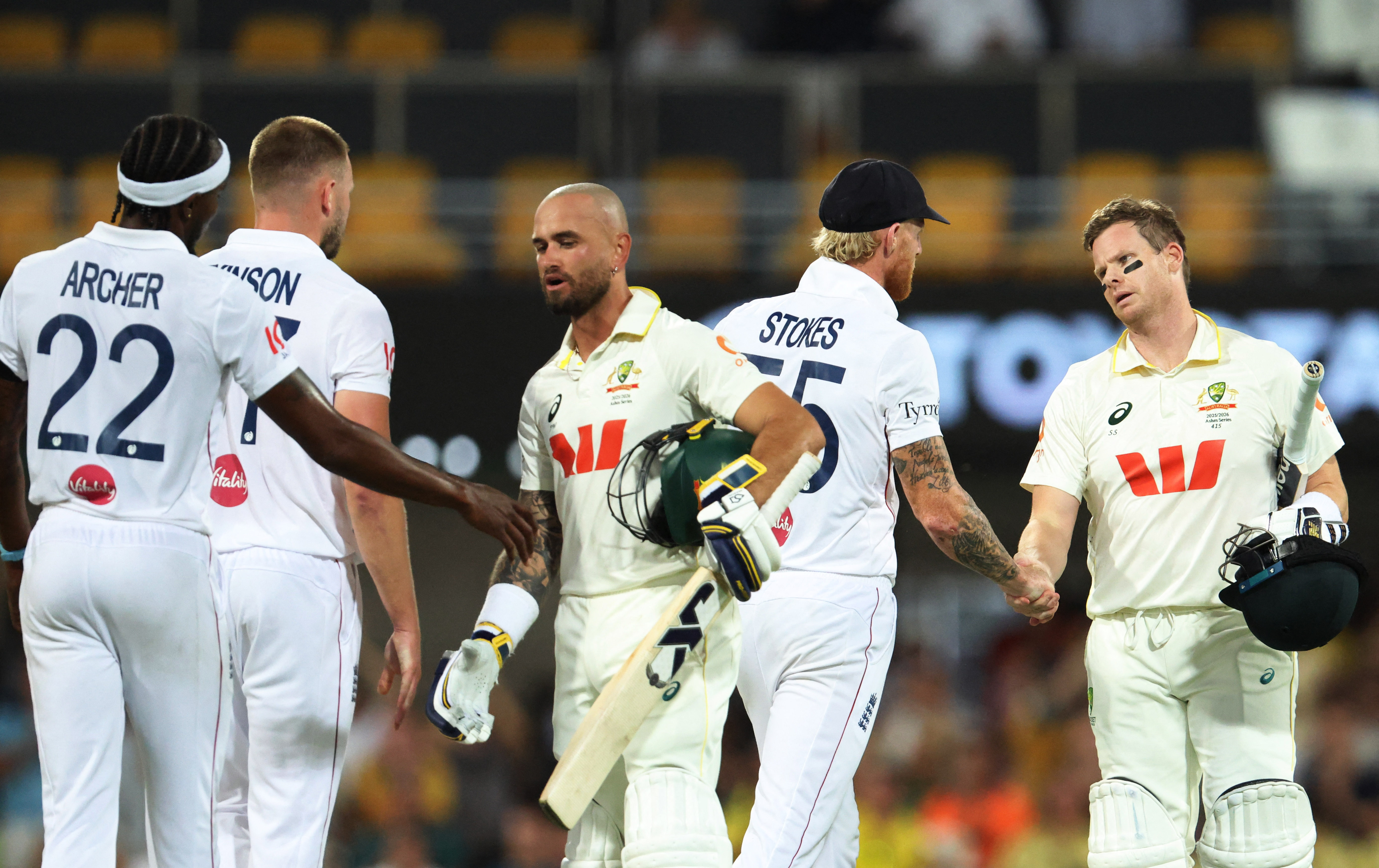 Australia captain Steve Smith, right, shakes hands with England captain Ben Stokes after going 2-0 up in the best-of-five test series