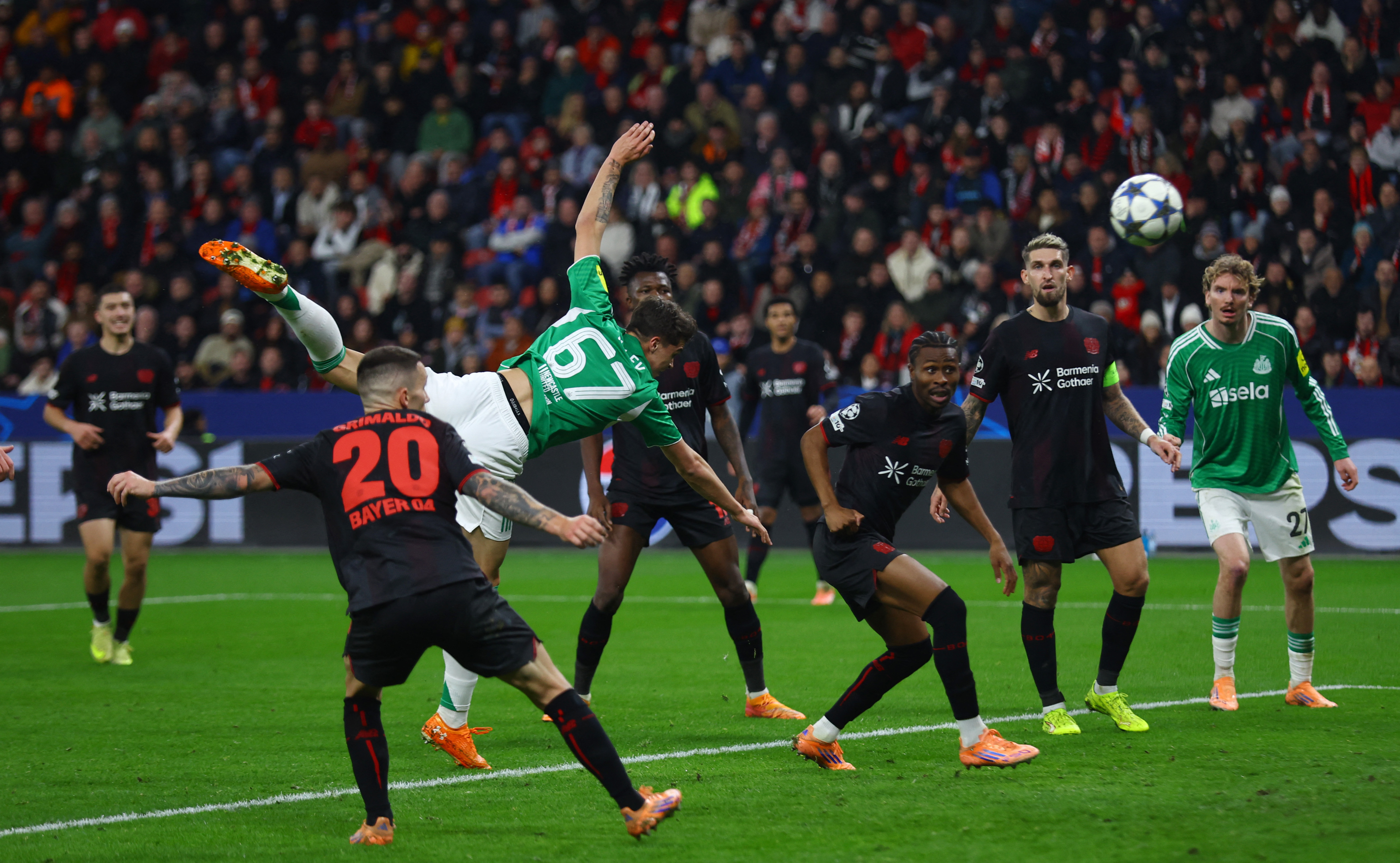 Newcastle United’s Lewis Miley scores their second goal at Leverkusen