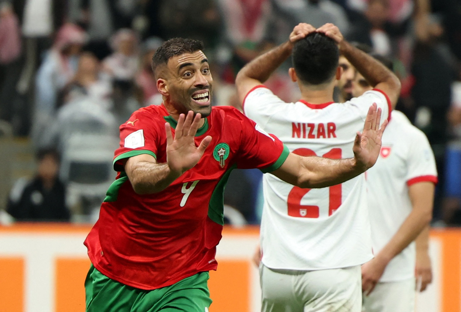 Abderrazak Hamdallah celebrates scoring third goal for Morocco, which sealed the FIFA Arab Cup 2025 final in Lusail, Qatar, December 18, 2025