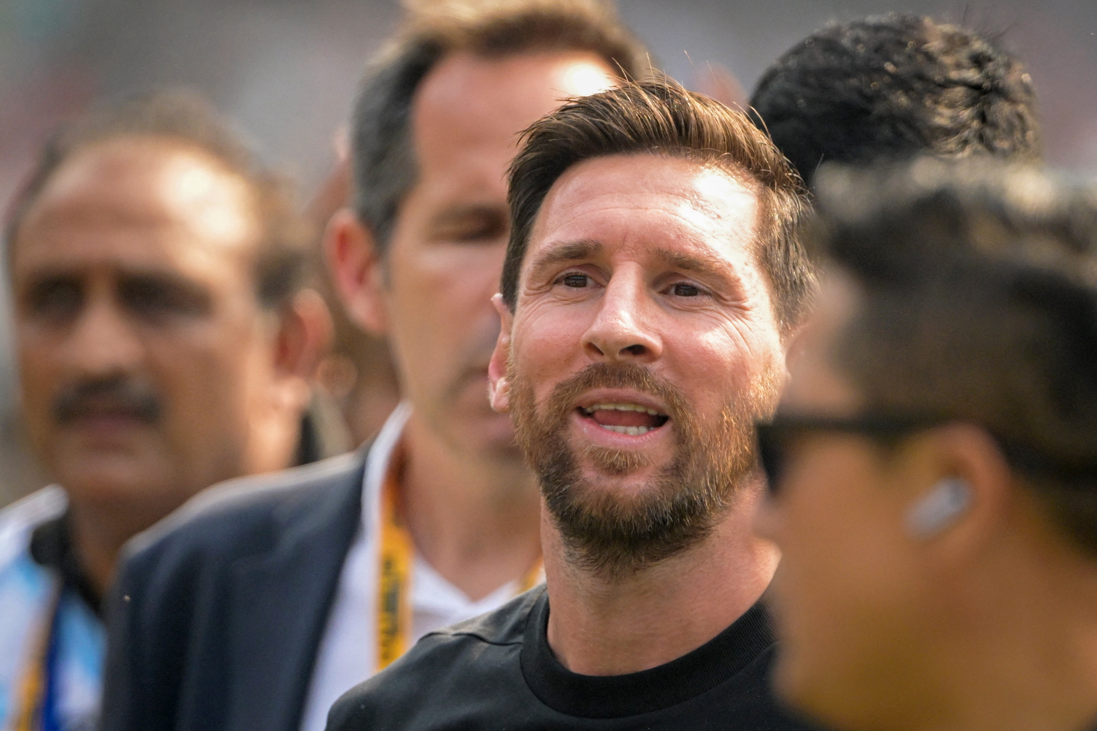 Argentina's footballer Lionel Messi arrives during his GOAT Tour at Salt Lake Stadium in Kolkata