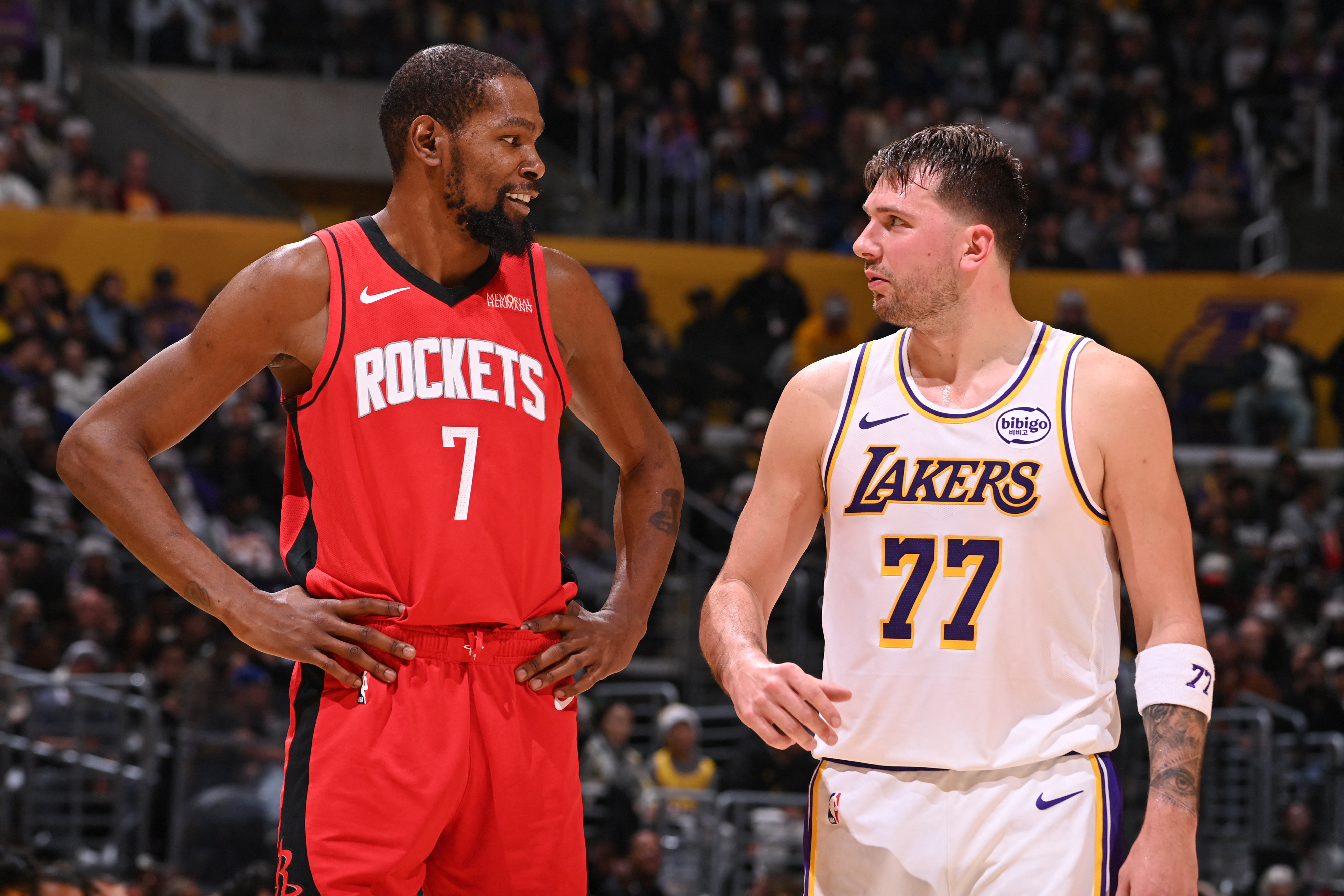 Kevin Durant, left, and the Houston Rockets dominated Luka Doncic’s Los Angeles Lakers during their Christmas Day NBA matchup at Crypto.com Arena in Los Angeles, California