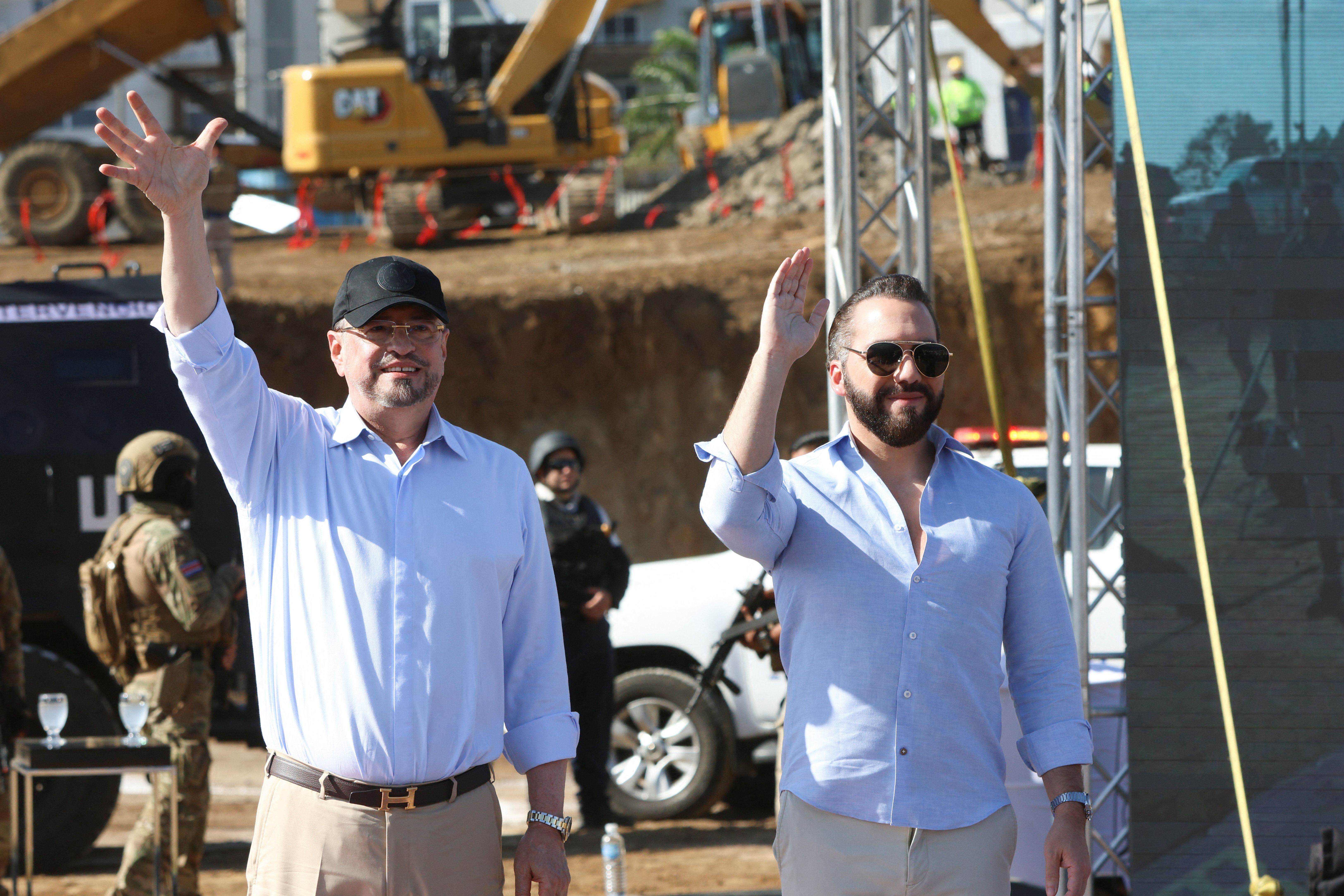 President Rodrigo Chaves Robles poses with El Salvador’s leader Nayib Bukele at the site of a future mega-prison in Alajuela, Costa Rica, on January 14