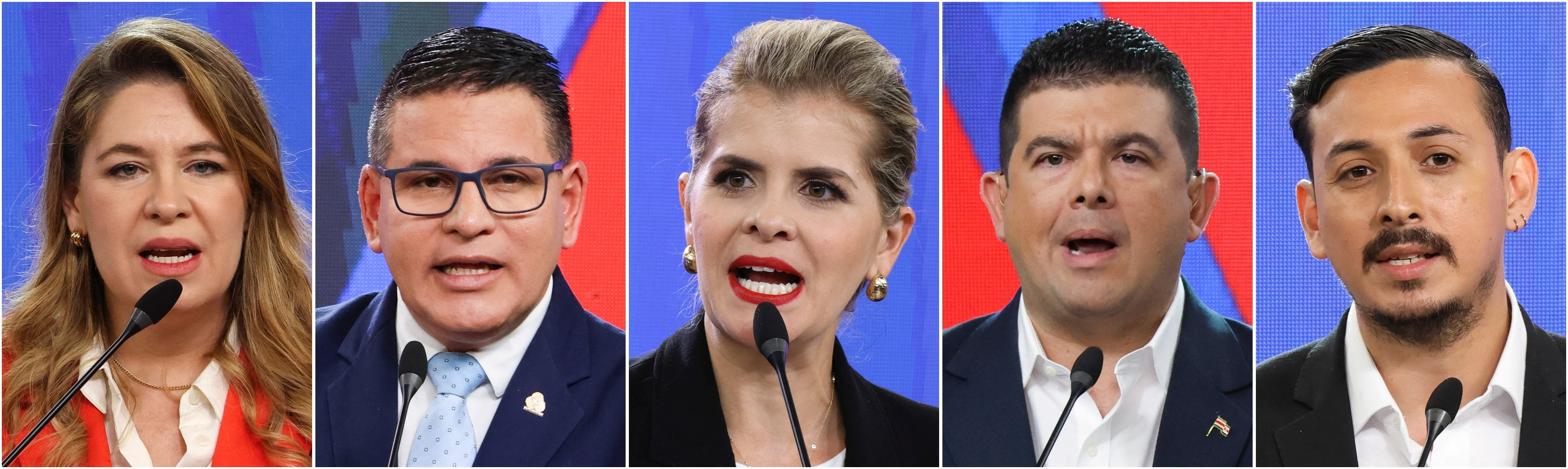 Candidates include, from left, Claudia Dobles, Fabricio Alvarado, Laura Fernandez, Alvaro Ramos and Ariel Robles