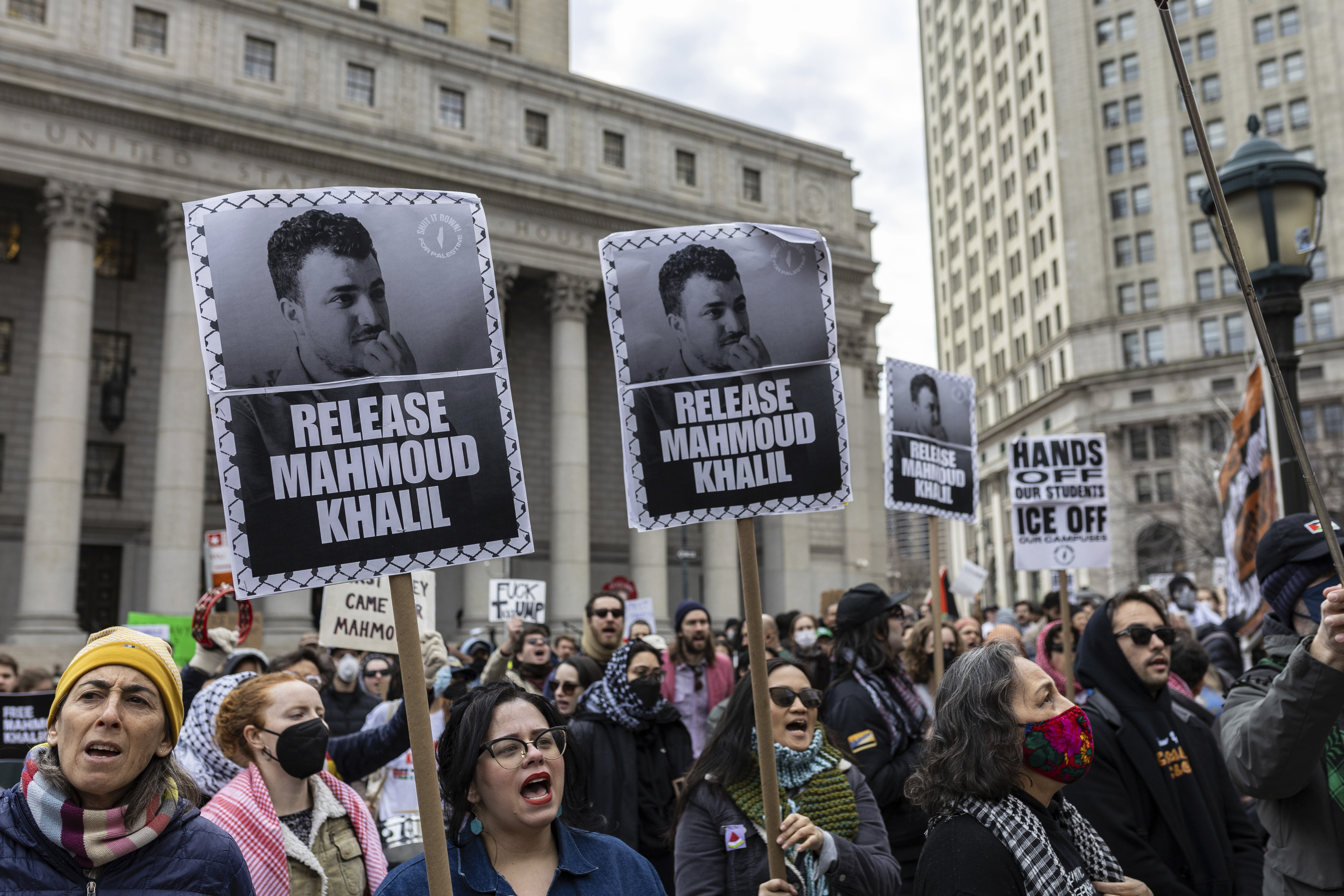 Protesters gather outside the Manhattan federal court in support of Mahmoud Khalil, in New York, US