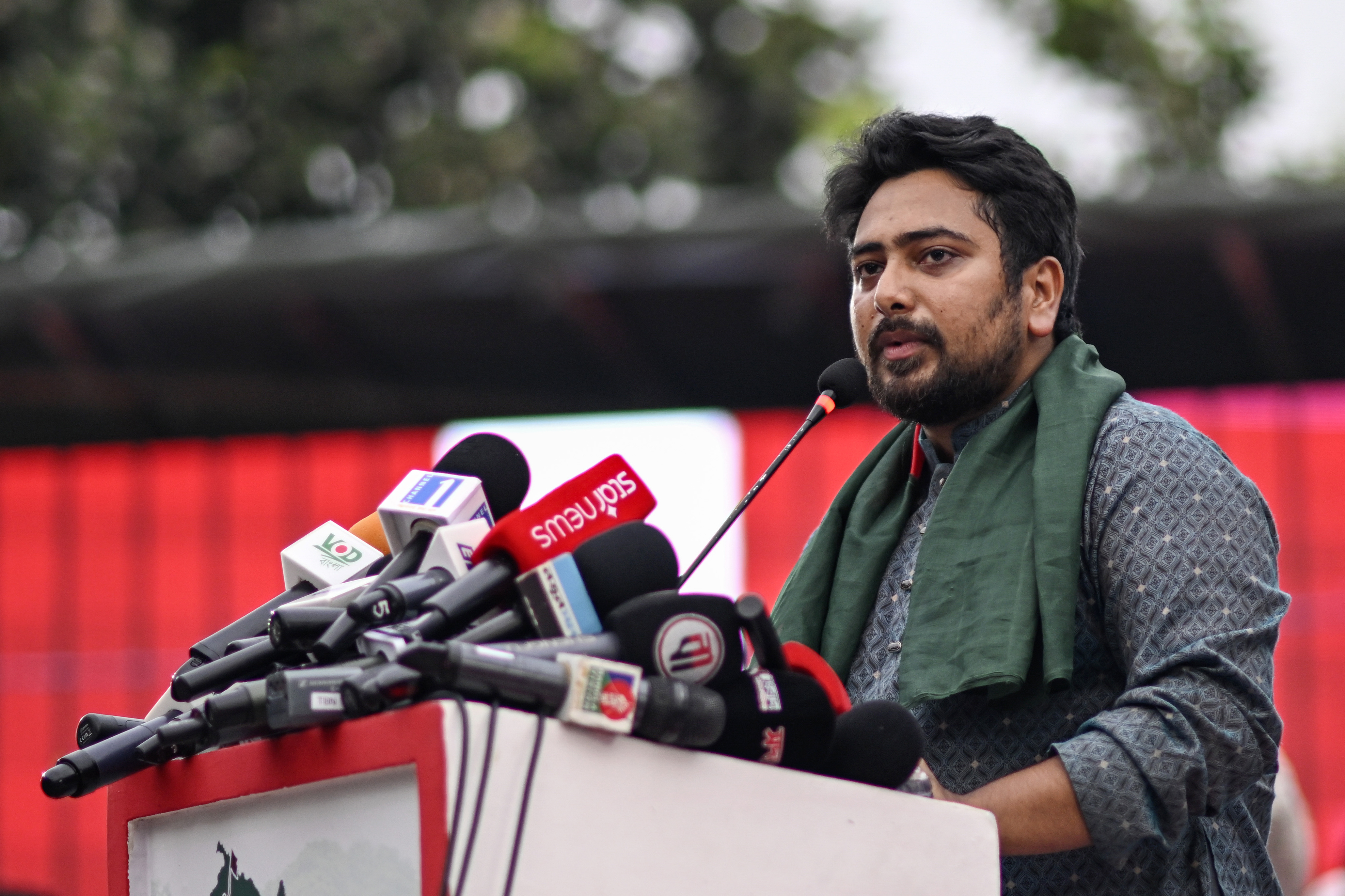 Leader of National Citizen Party (NCP), Nahid Islam, addresses supporters during a political rally in Dhaka, Bangladesh, Sunday, Aug. 3, 2025. (AP Photo/Mahmud Hossain Opu)