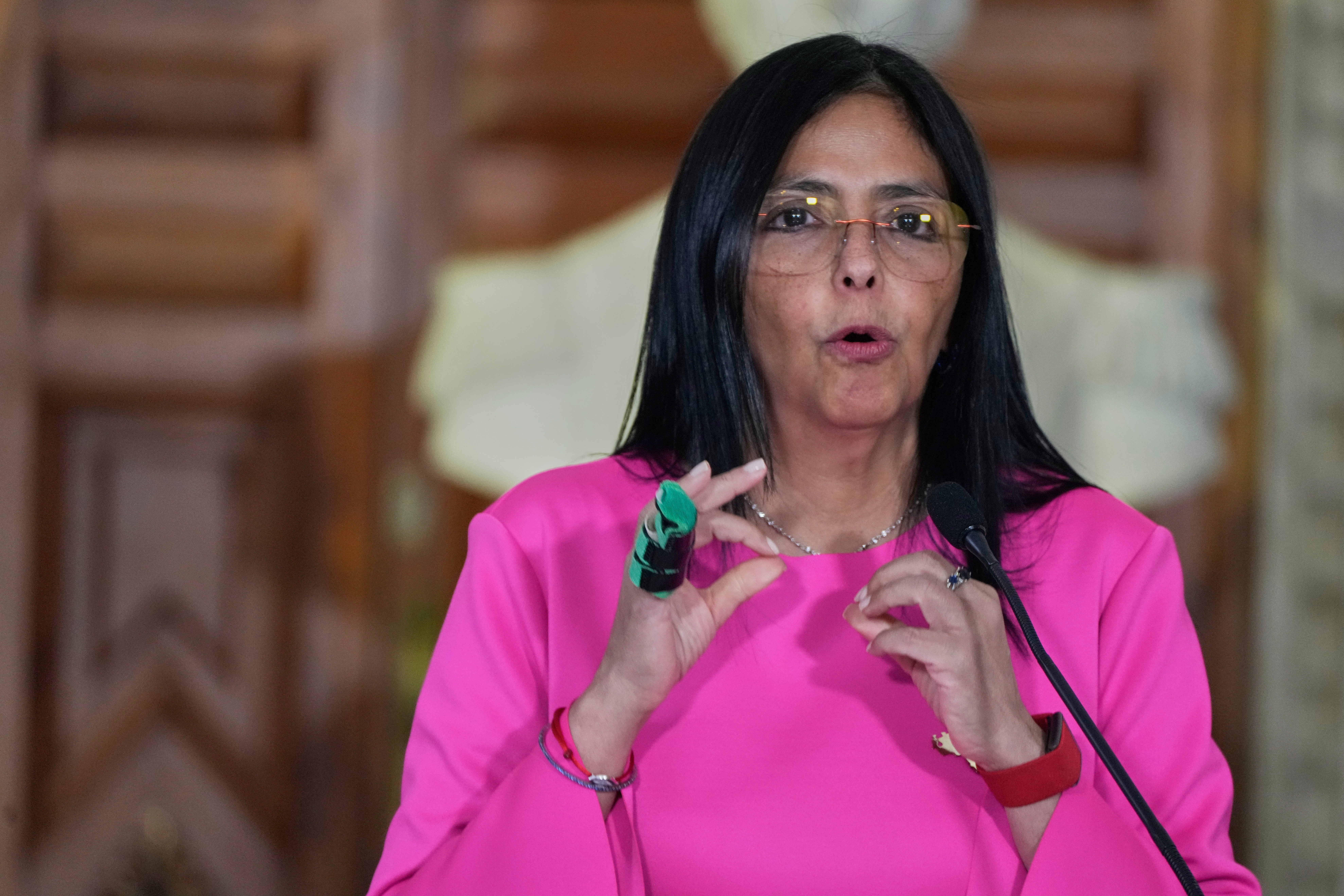 Venezuelan Vice President Delcy Rodriguez speaks to the press at the Foreign Office in Caracas, Venezuela, Monday, Aug. 11, 2025. (AP Photo/Ariana Cubillos)