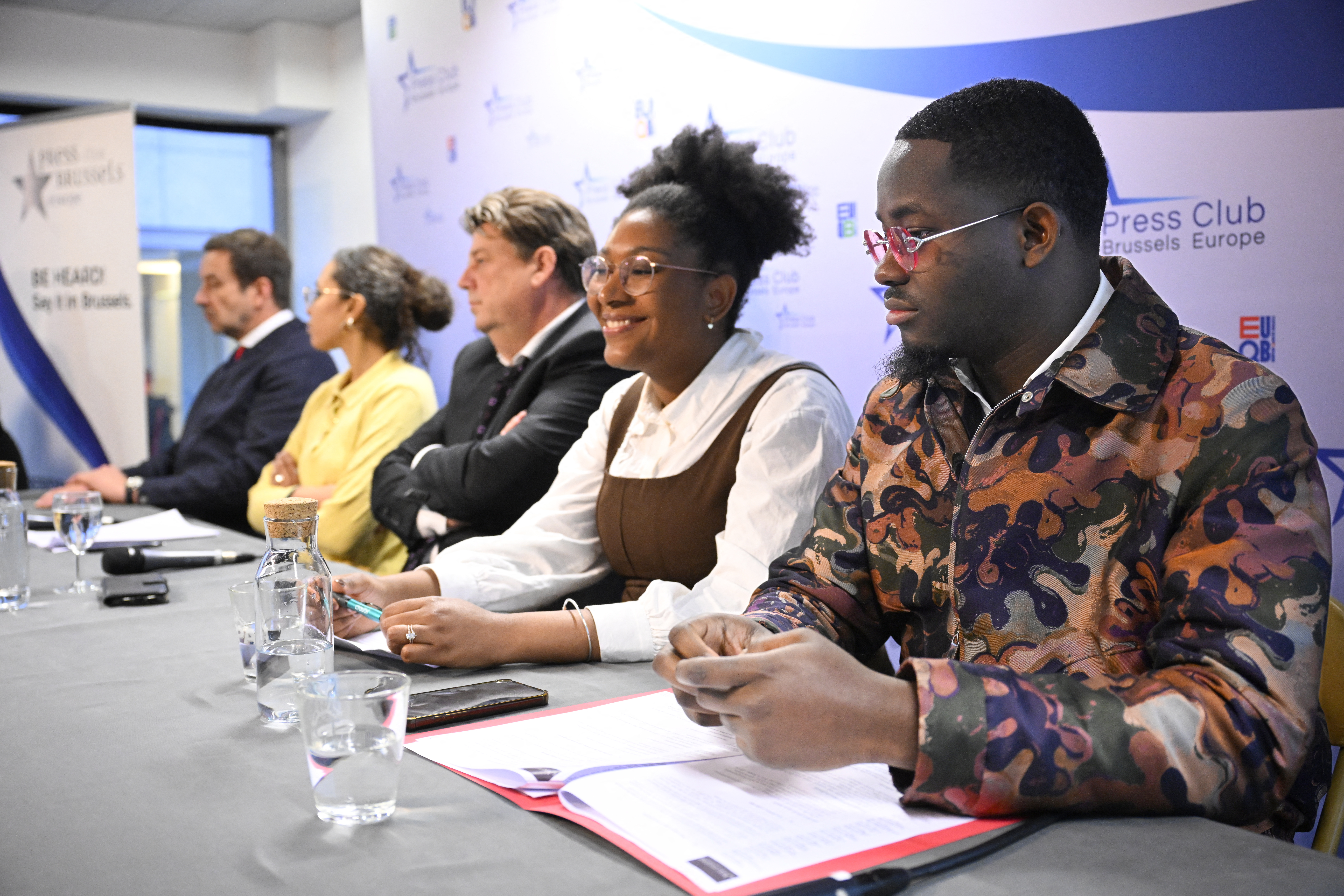 (From R) Murdered Congolese independence icon Patrice Lumumba's relatives Yema Lumumba and Mehdi Lumumba, German lawyer of ECCHR NGO Wolfgang Kaleck, and Belgian lawyers Jehosheba Bennett and Christophe Marchand hold a press conference following a hearing before a Belgian court to weigh prosecuting the sole surviving suspect over the 1961 killing, in Brussels on January 19, 2026.