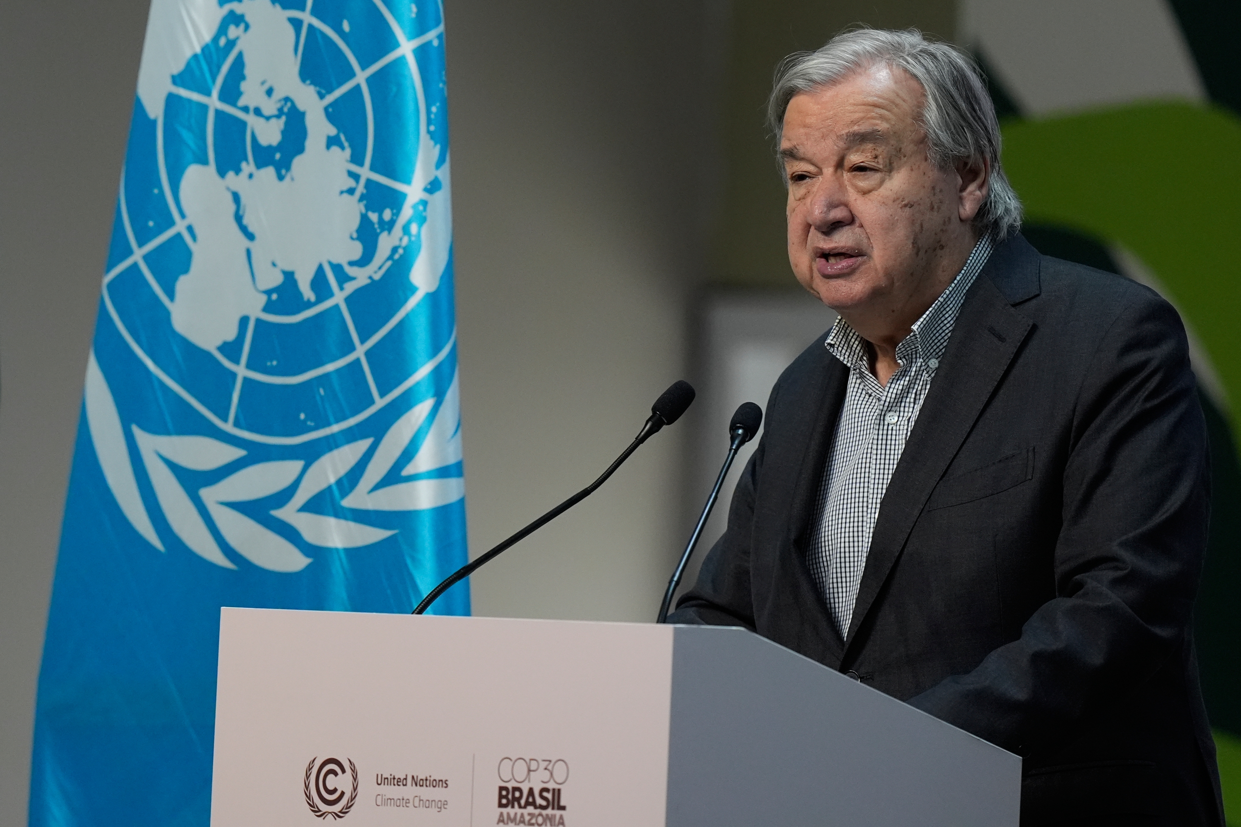 U.N. Secretary-General Antonio Guterres speaks during a news conference at the COP30 U.N. Climate Summit, Thursday, Nov. 20, 2025, in Belem, Brazil. (AP Photo/Fernando Llano)