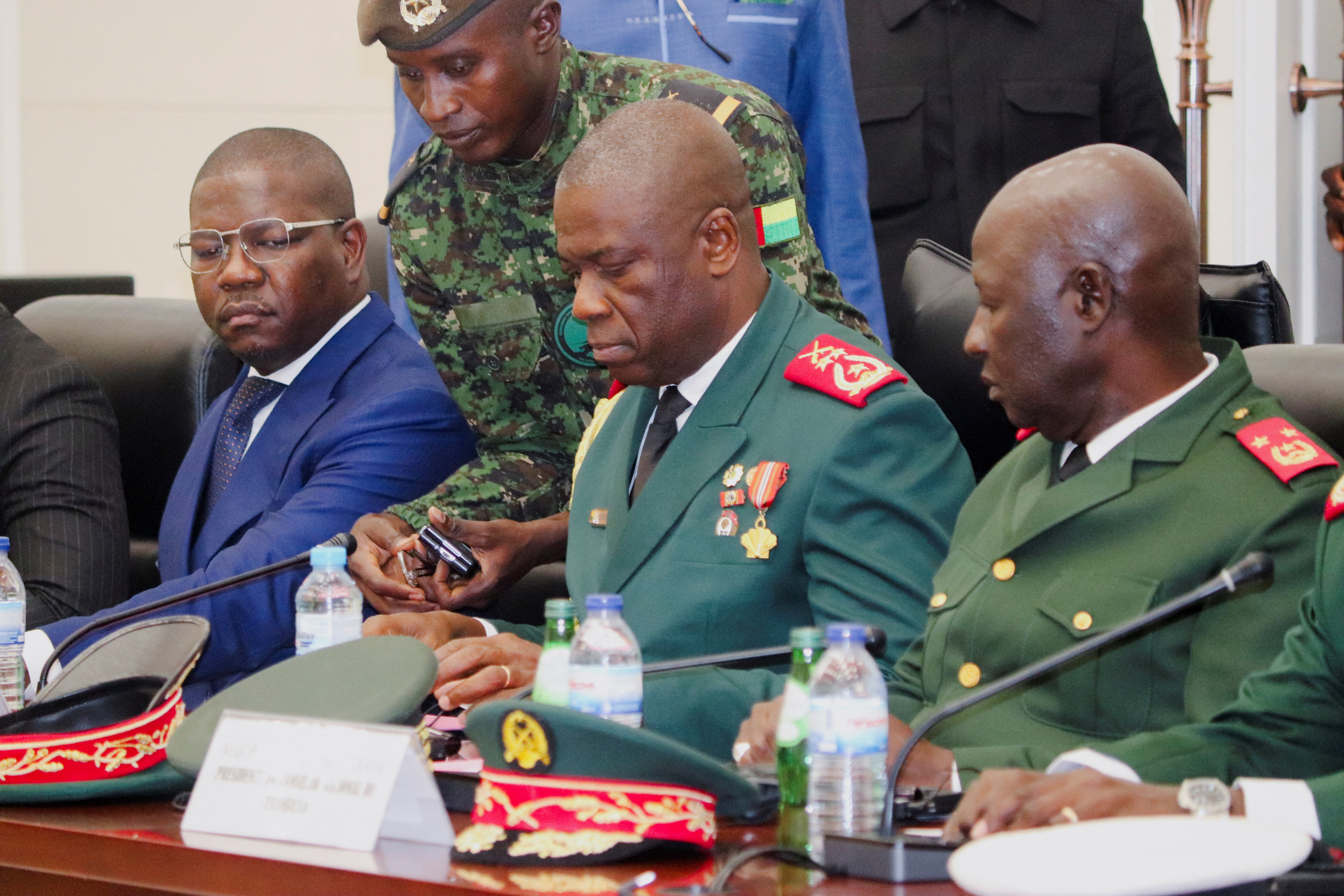 Guinea-Bissau's transitional president, Major-General Horta Inta-A, and his delegation prepare for talks with Sierra Leone's President Julius Maada Bio, who chairs the Economic Community of West African States (ECOWAS), and Senegal's President Bassirou Diomaye Faye, during a meeting in Bissau, Guinea-Bissau, January 10, 2026. REUTERS/Delcyo Sanca