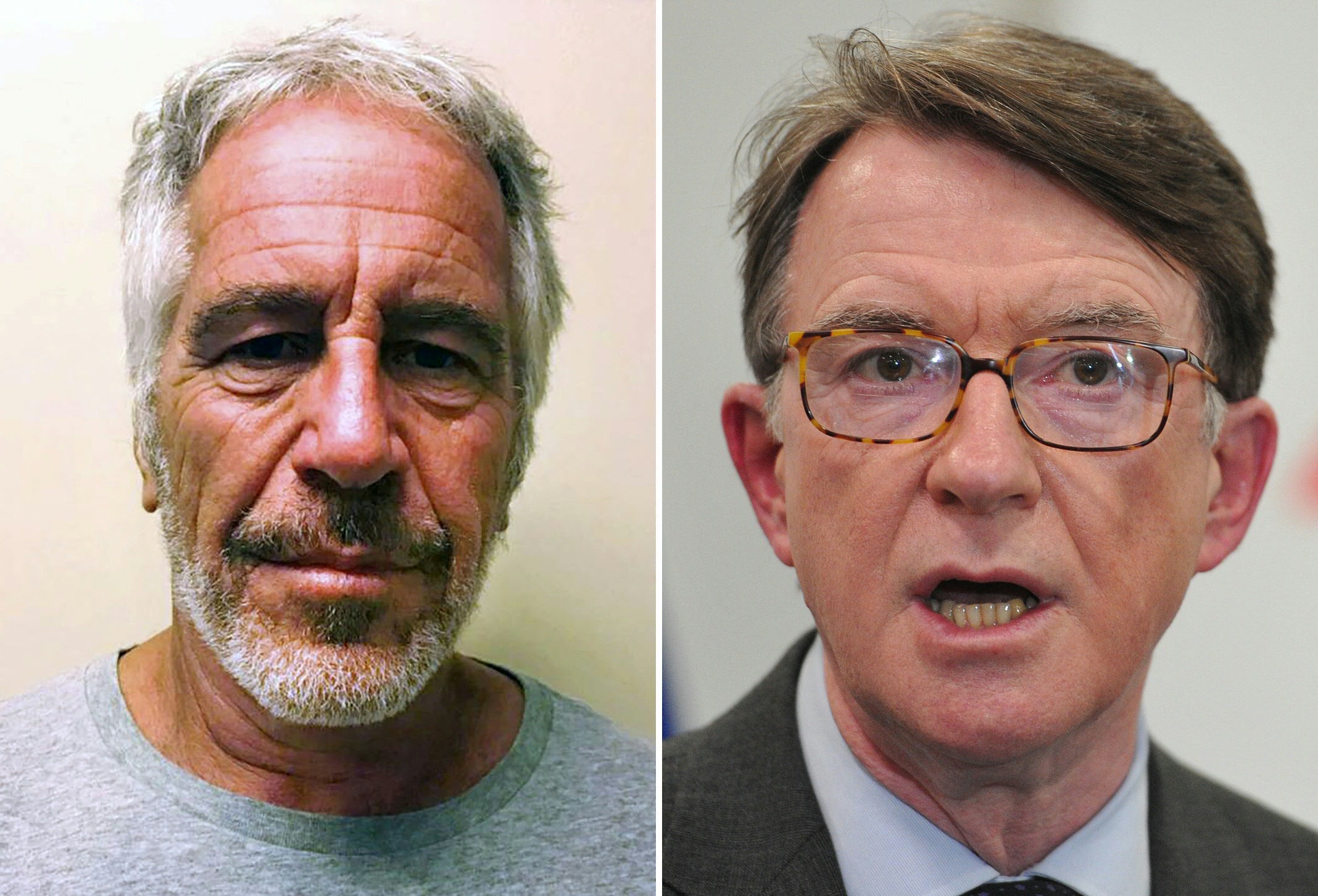 (COMBO) This combination of file photos created on February 23, 2026 shows an undated handout photo obtained July 11, 2019 courtesy of the New York State Sex Offender Registry showing Jeffrey Epstein (L) and British Labour MP and former UK ambassador to the US Peter Mandelson (R) speaking during a press conference in London on January 30, 2013.