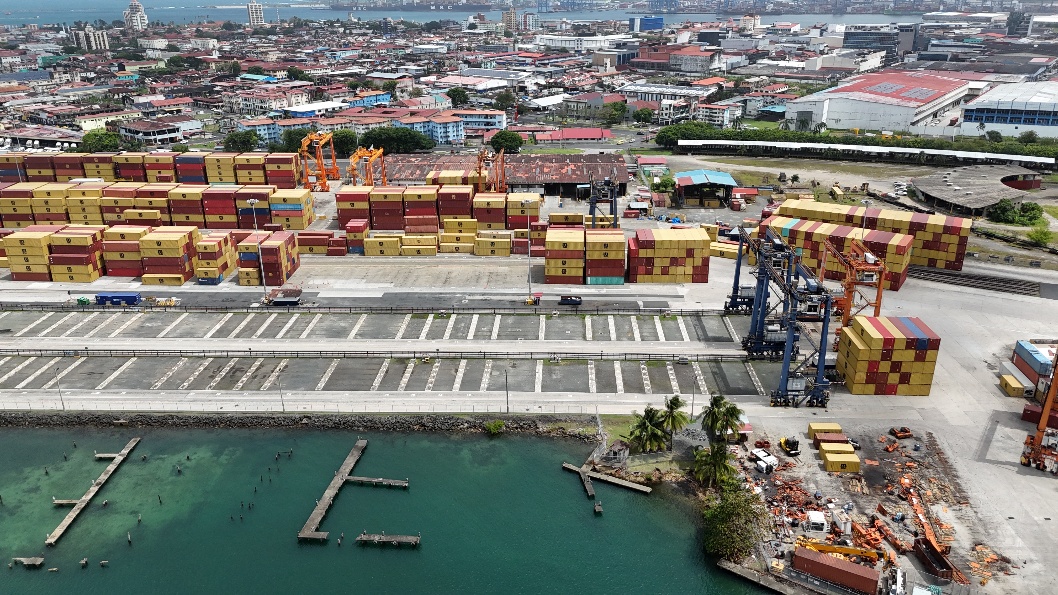 Aerial view showing the Cristobal port, operated by the Panama Ports Company, in Colon province, Panama on February 26, 2026. (Photo by Daniel DE CARTERET / AFP)