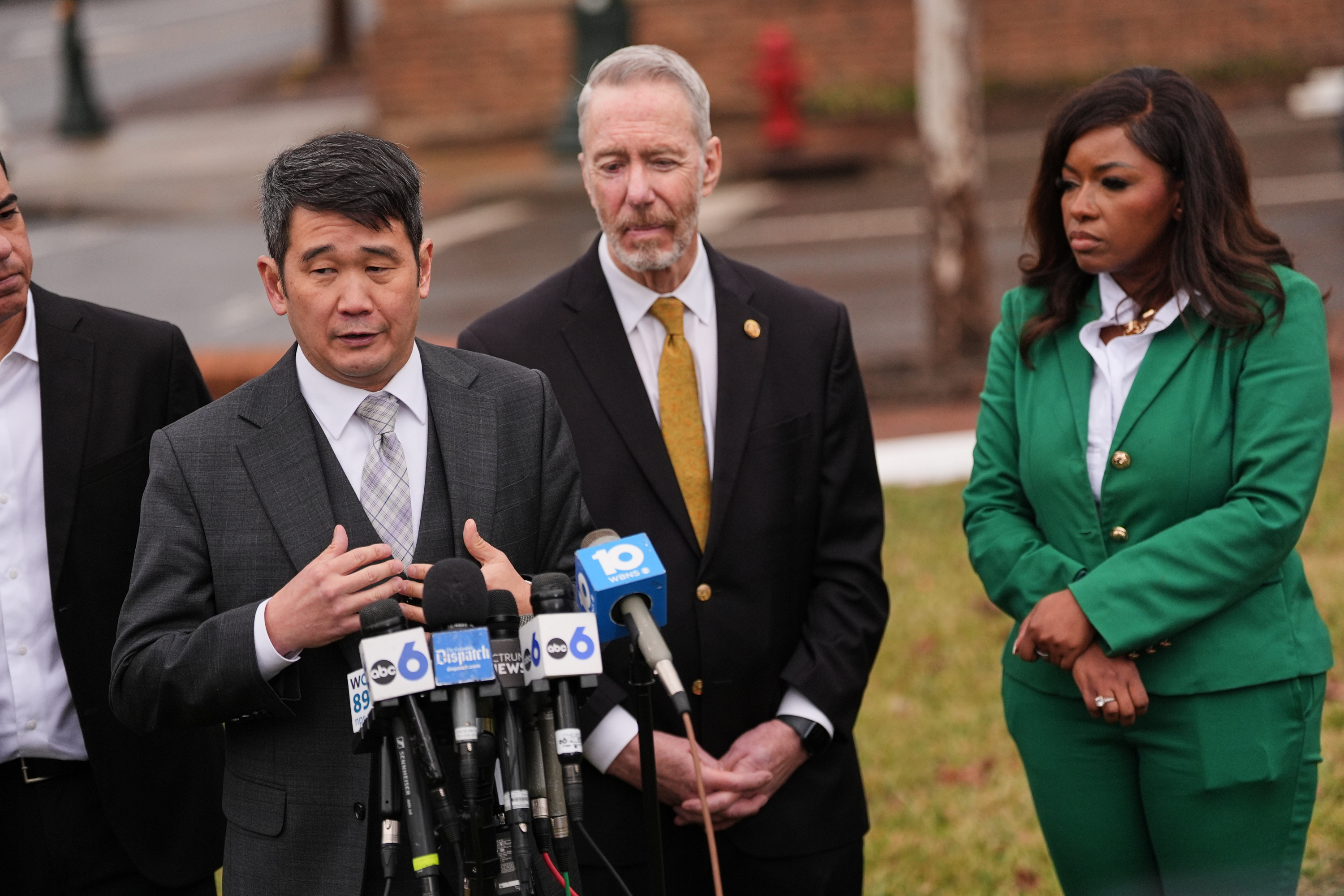 Rep. David Min, D-Calif., left, speaks during a press conference following the congressional deposition of Les Wexner in the Jeffrey Epstein case, Wednesday, Feb. 18, 2026, in New Albany, Ohio. (AP Photo/Joshua A. Bickel)