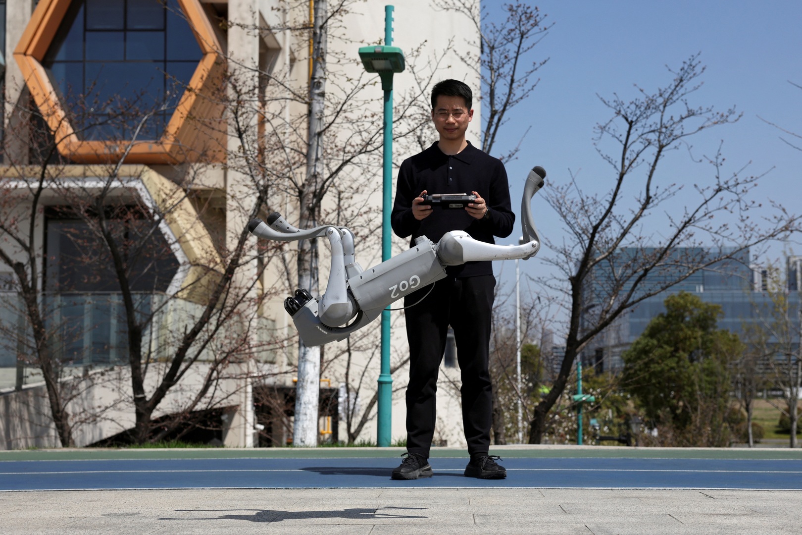 Huang Jiawei, Unitree's marketing director, operates a Go2 robot dog to perform a backflip during a demonstration to Reuters at a park in Hangzhou, Zhejiang province, China on March 21, 2025. [Florence Lo/Reuters]