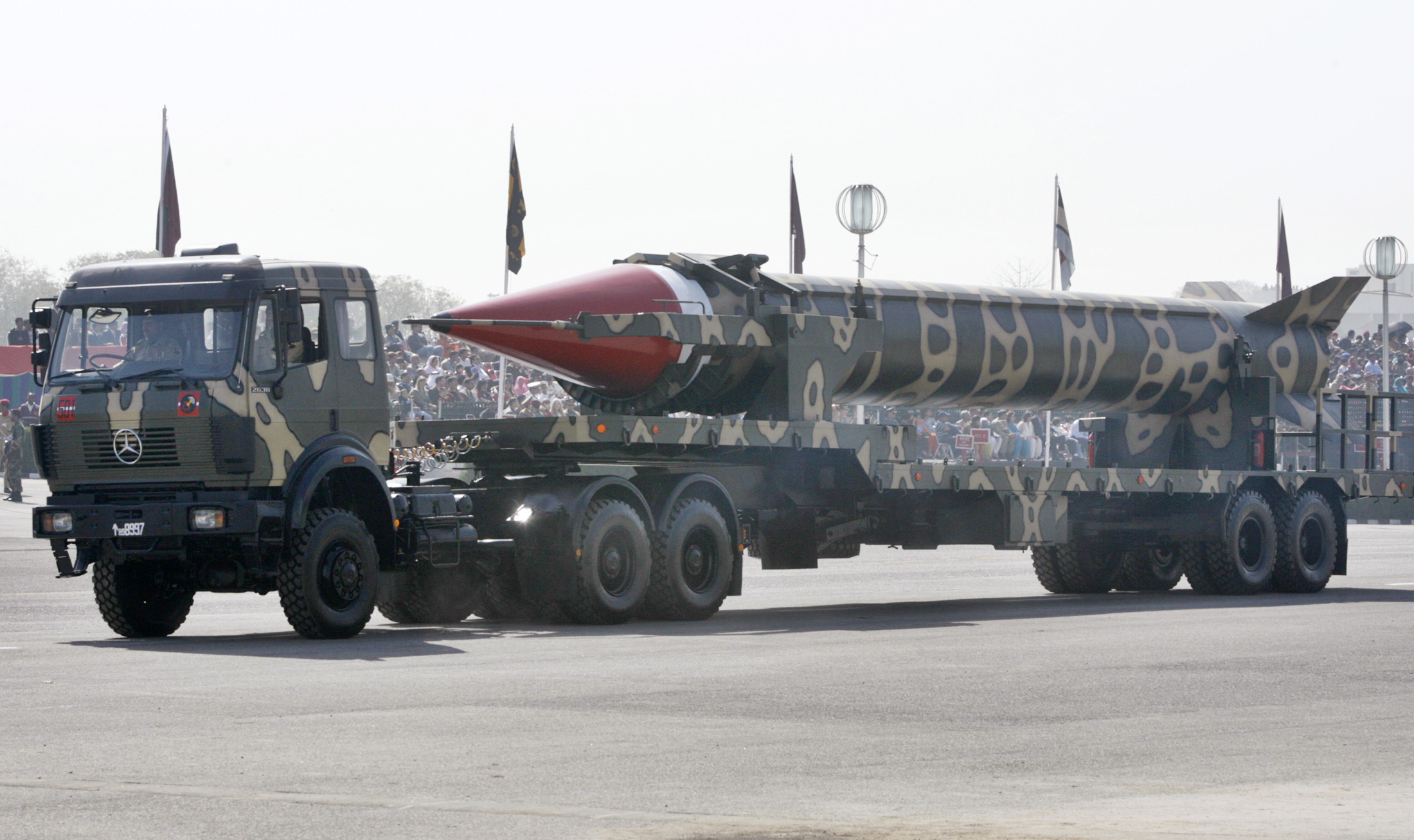 Nuclear-capable missile Ghauri is driven past with its launcher during Pakistan National Day parade in Islamabad March 23, 2007. REUTERS/Mian Khursheed (PAKISTAN)