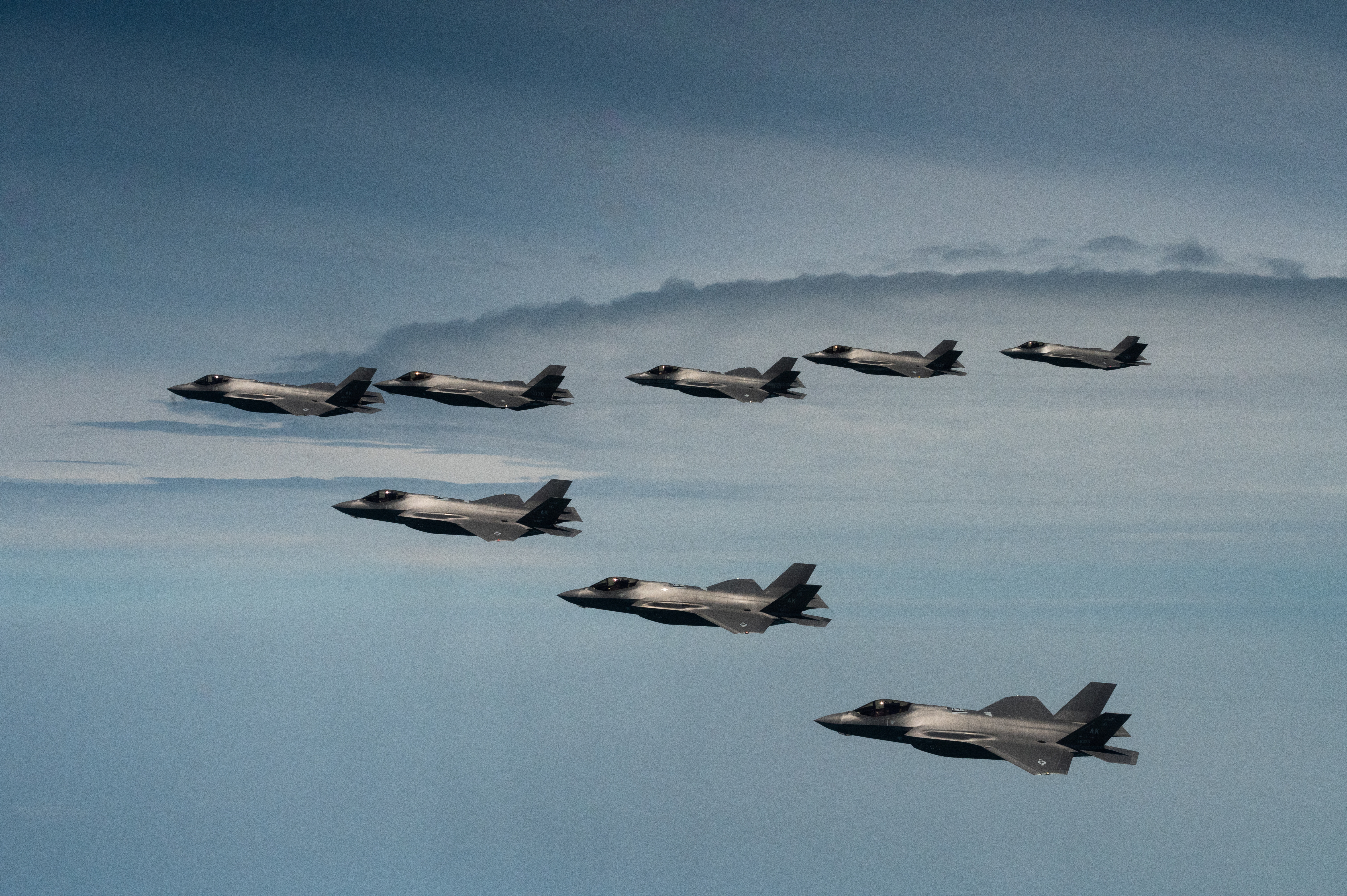 U.S. Air Force F-35 Lightning IIs fly side by side with Republic of Korea Air Force F-35s as part of a bilateral exercise over the Yellow Sea