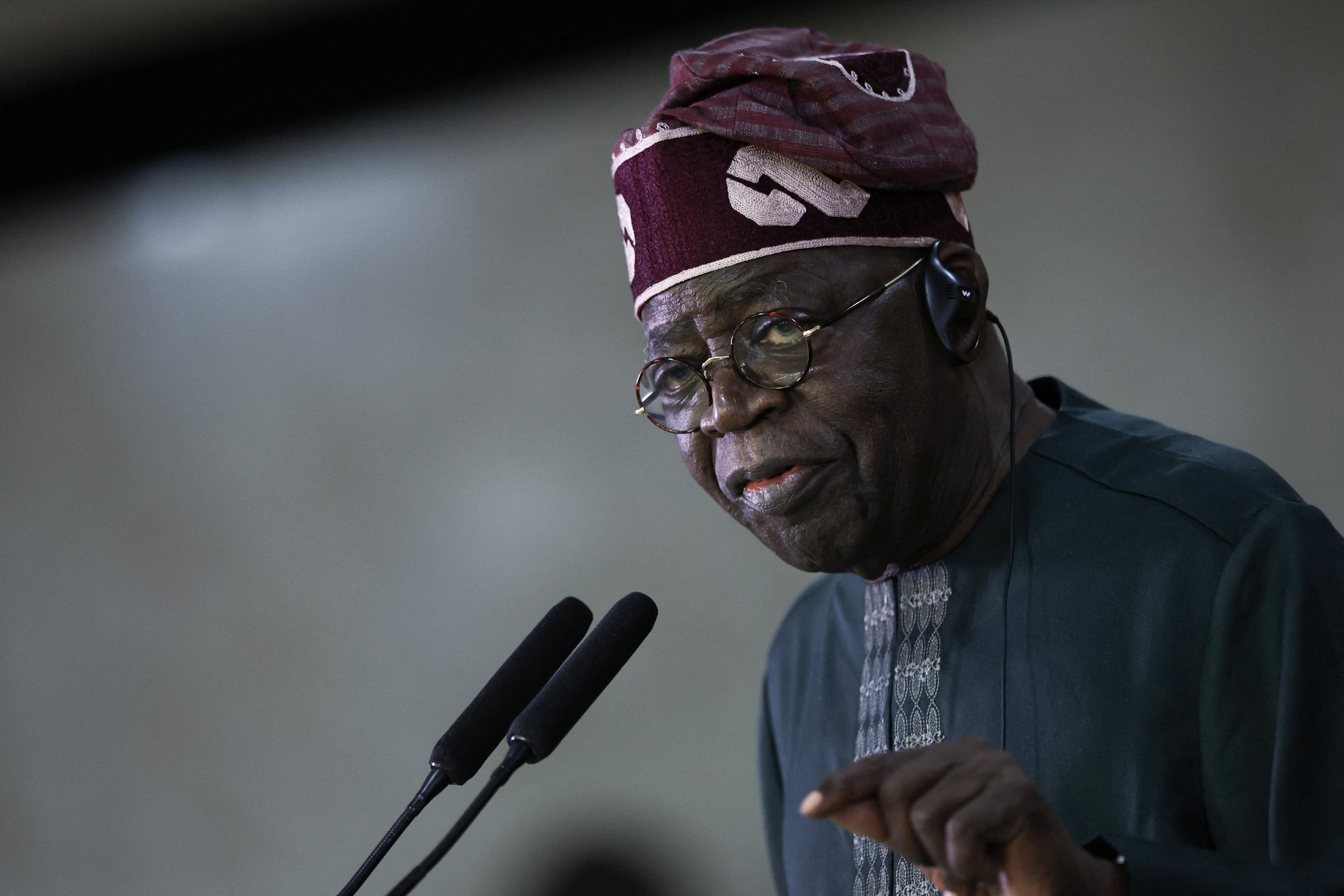 Nigeria's President Bola Tinubu speaks during a joint press statement with Brazil's President Luiz Inacio Lula da Silva (not pictured), at the Planalto Palace, in Brasilia, Brazil, August 25, 2025. REUTERS/Adriano Machado