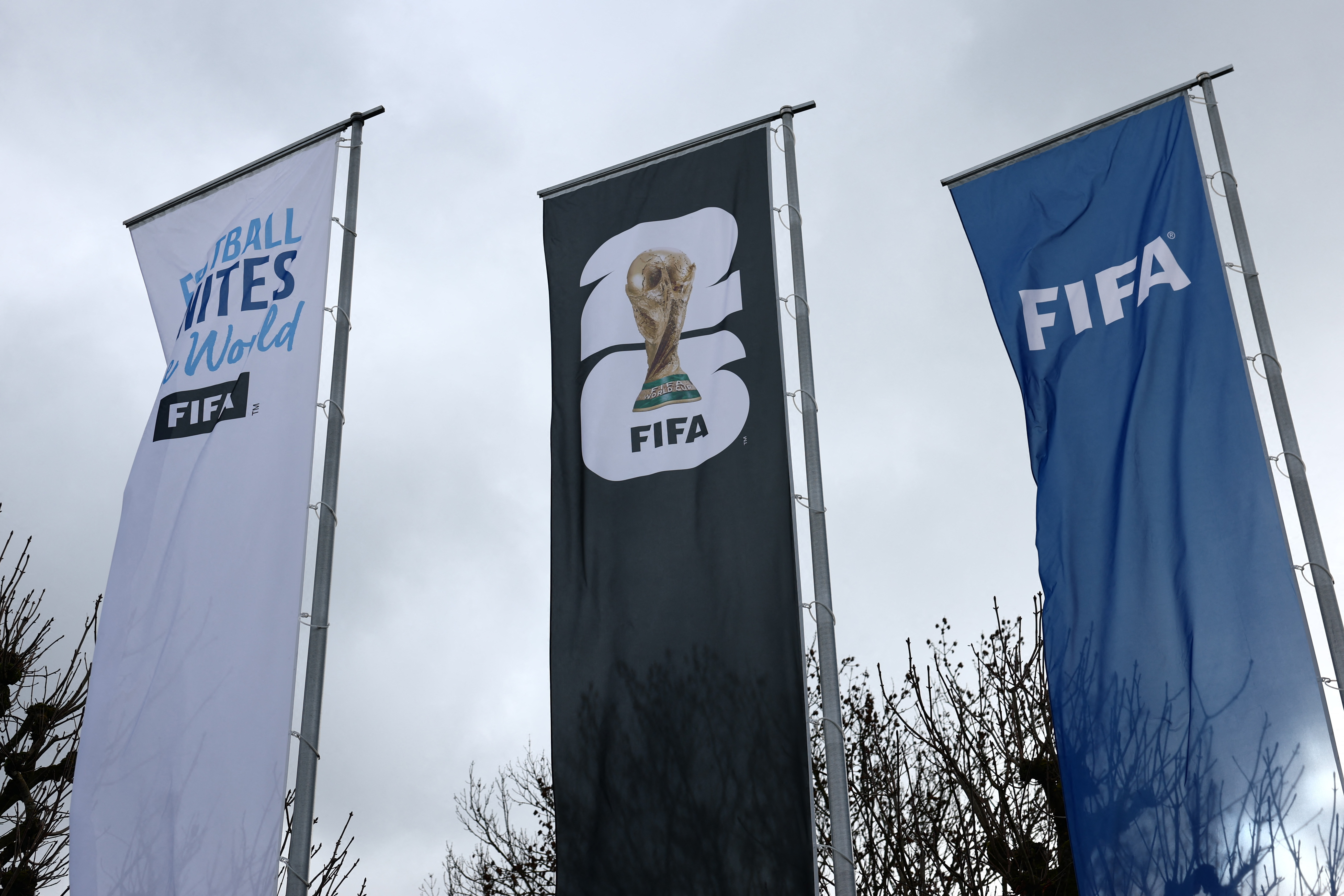 General view of banners outside FIFA's headquarters in Switzerland