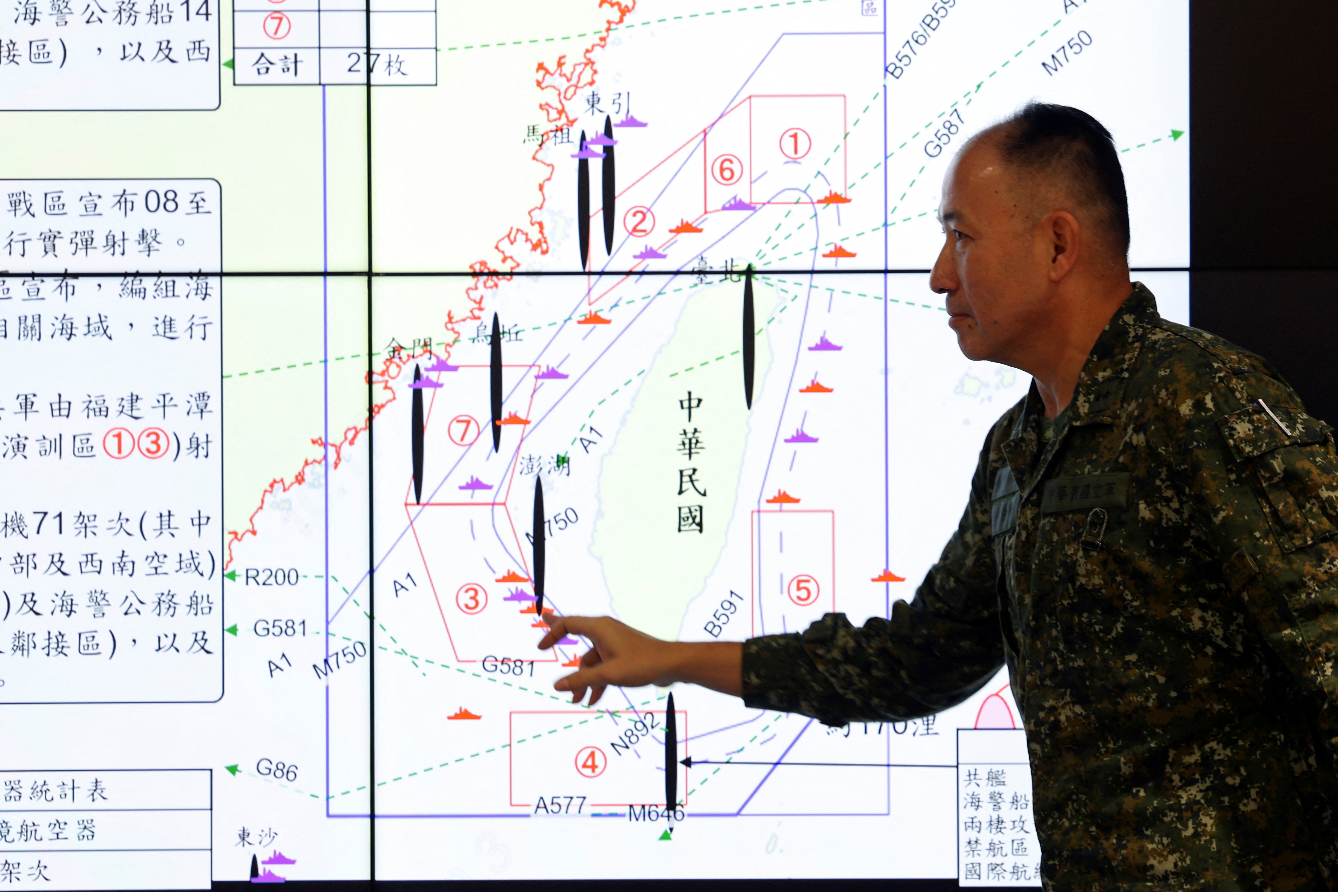 Hsieh Jih-sheng, deputy chief of the general staff for intelligence at Taiwan's defence ministry, points at a map during a press conference about China’s military drills around Taiwan, in Taipei, Taiwan December 30, 2025. REUTERS/Tsai Hsin-Han