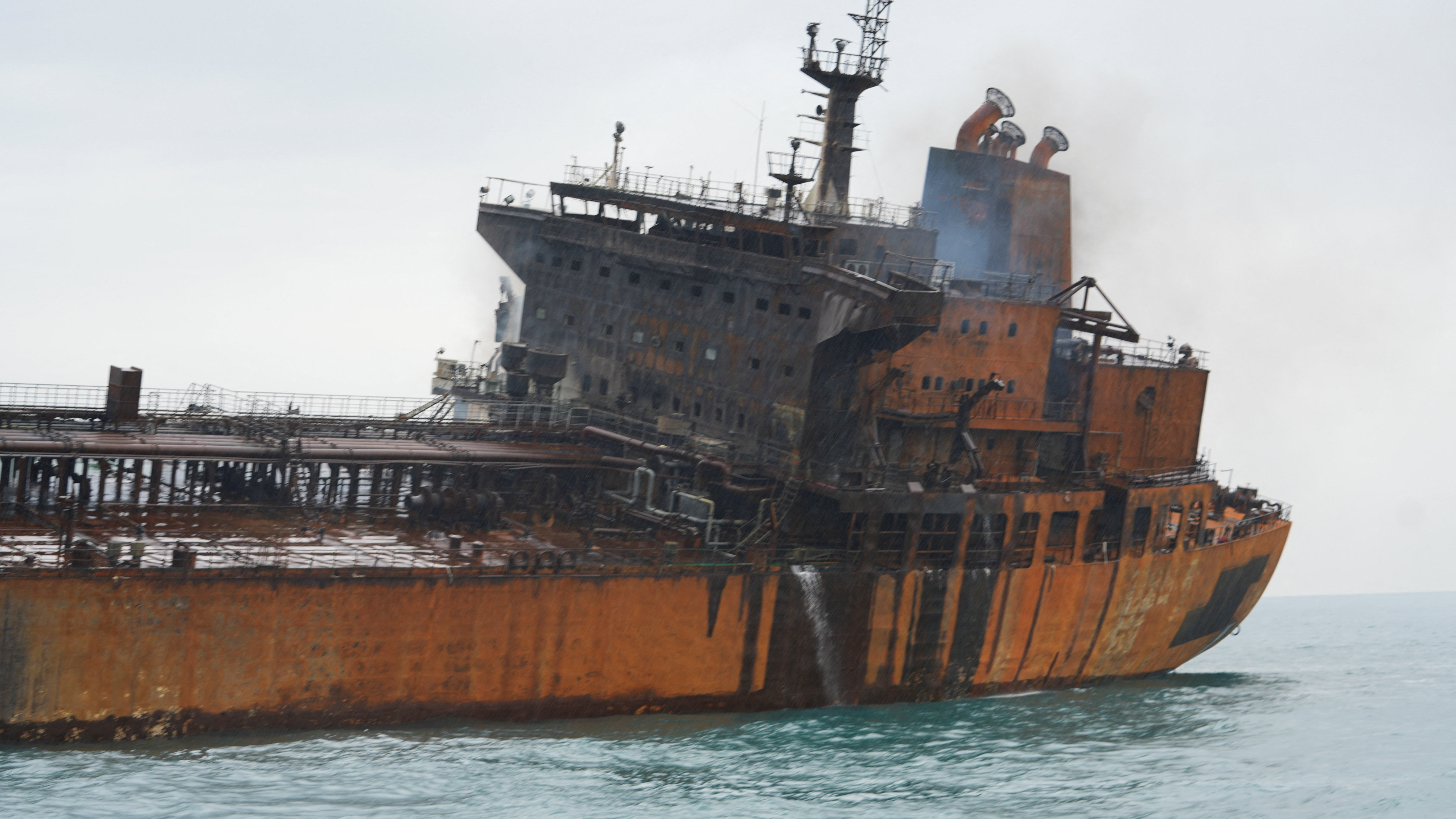 A foreign tanker carrying Iraqi fuel oil damaged after catching fire in Iraq's territorial waters