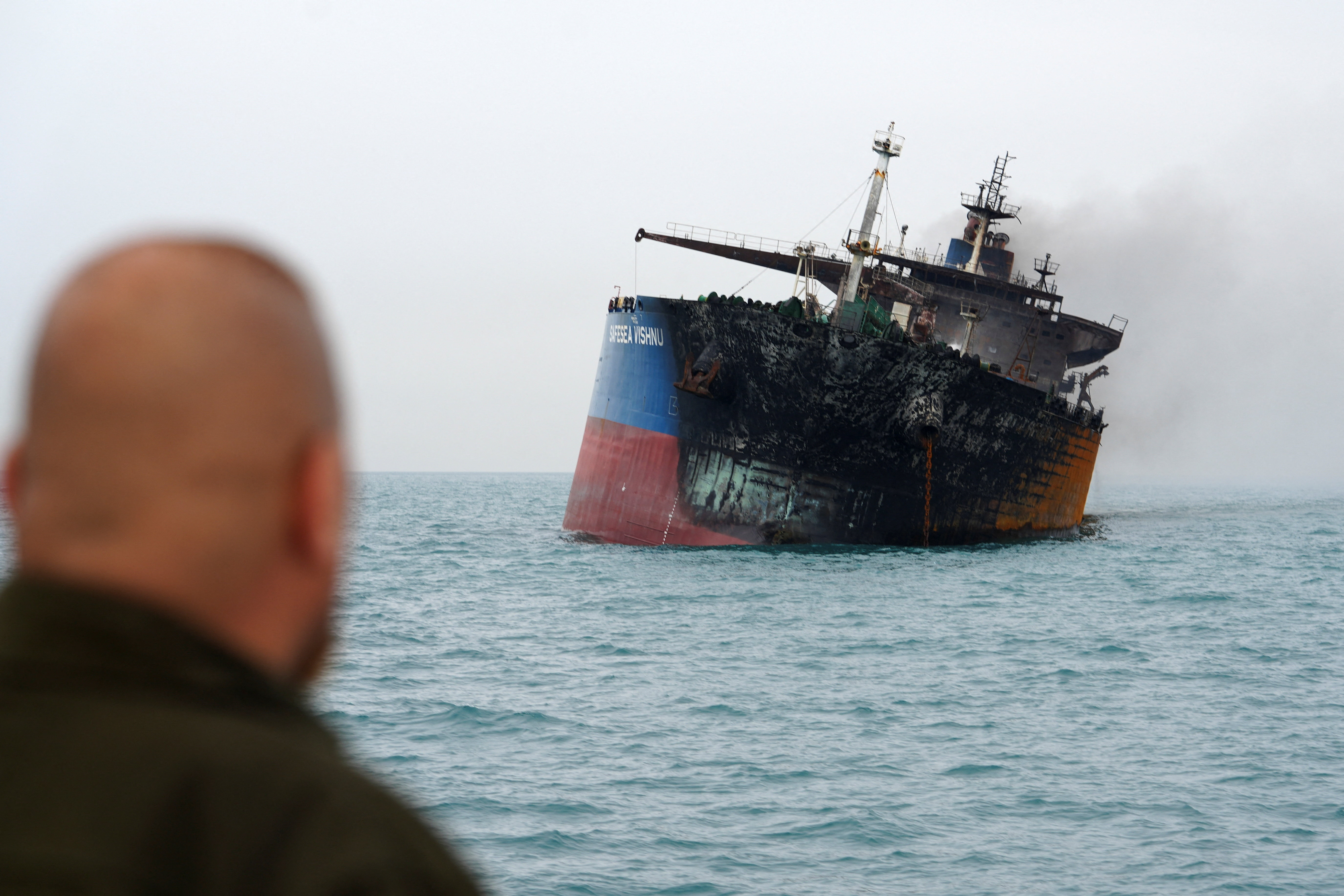 A foreign tanker carrying Iraqi fuel oil damaged after catching fire in Iraq's territorial waters