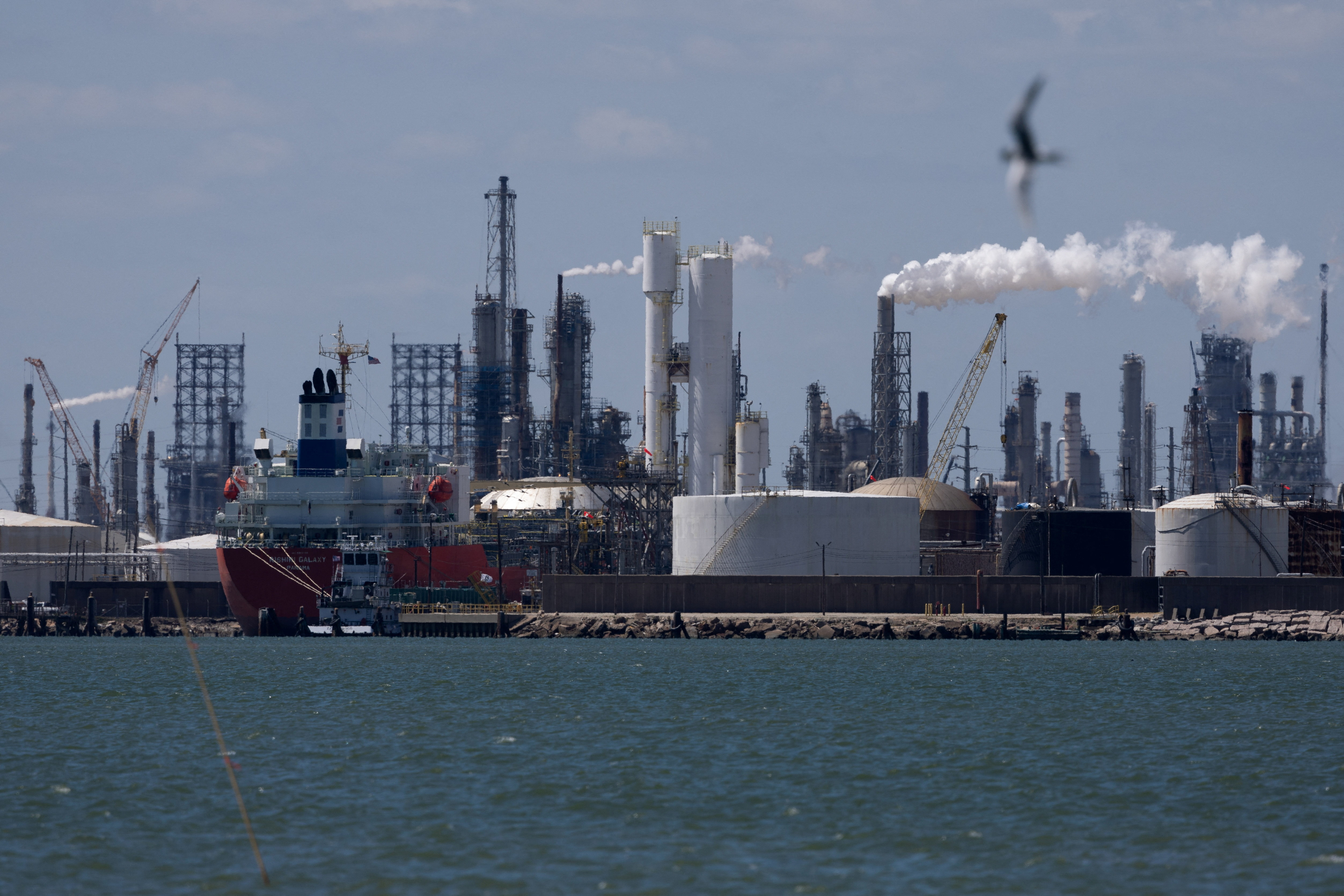 The Rishiri Galaxy, an oil and chemical tanker sailing under the flag of Panama, is docked at the Texas City docks next to the Marathon Galveston Bay Refinery shortly after U.S. President Donald Trump announced a 60-day waiver of the Jones Act shipping law, in Texas City, Texas