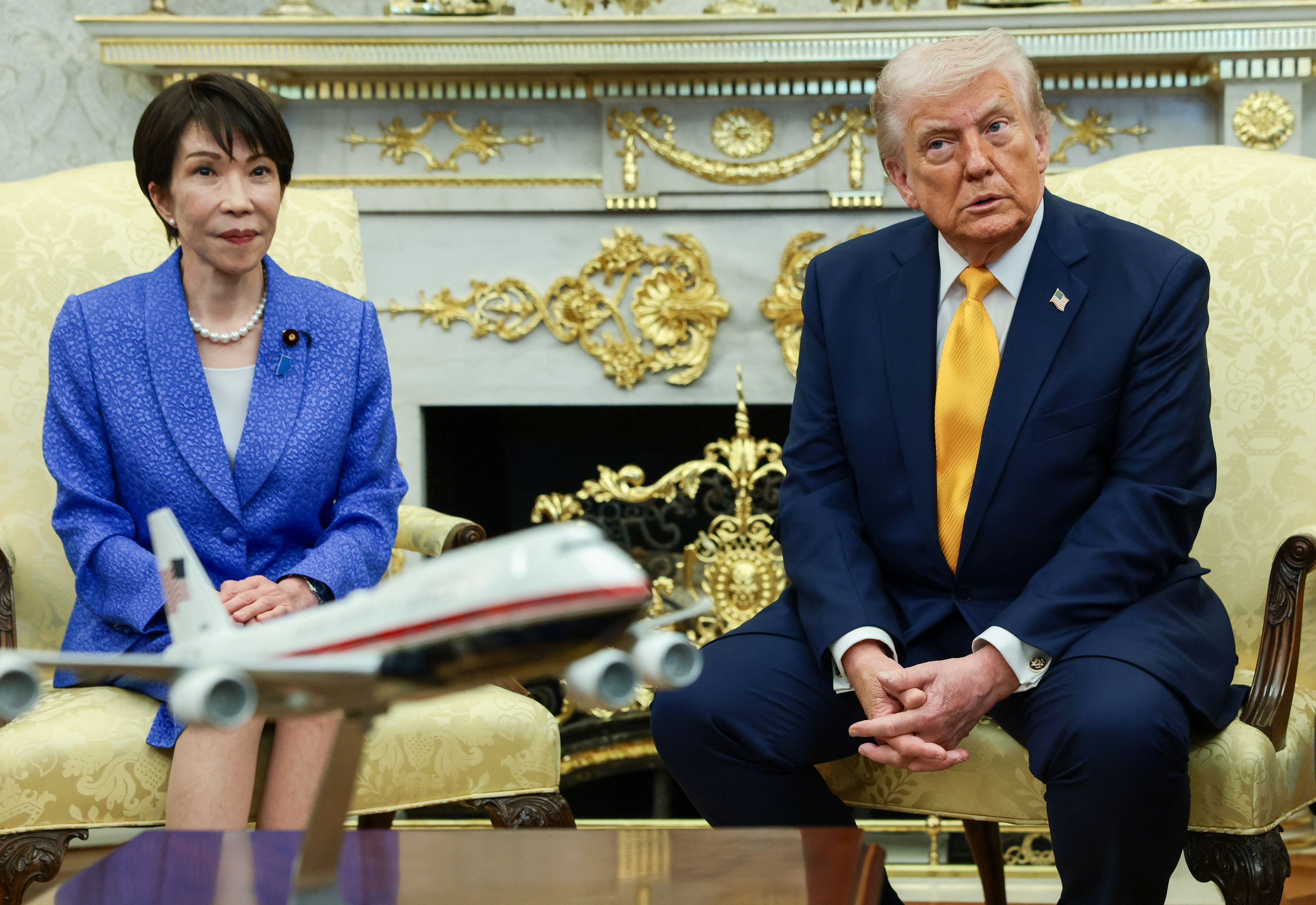 Japanese Prime Minister Sanae Takaichi, left, meets President Donald Trump