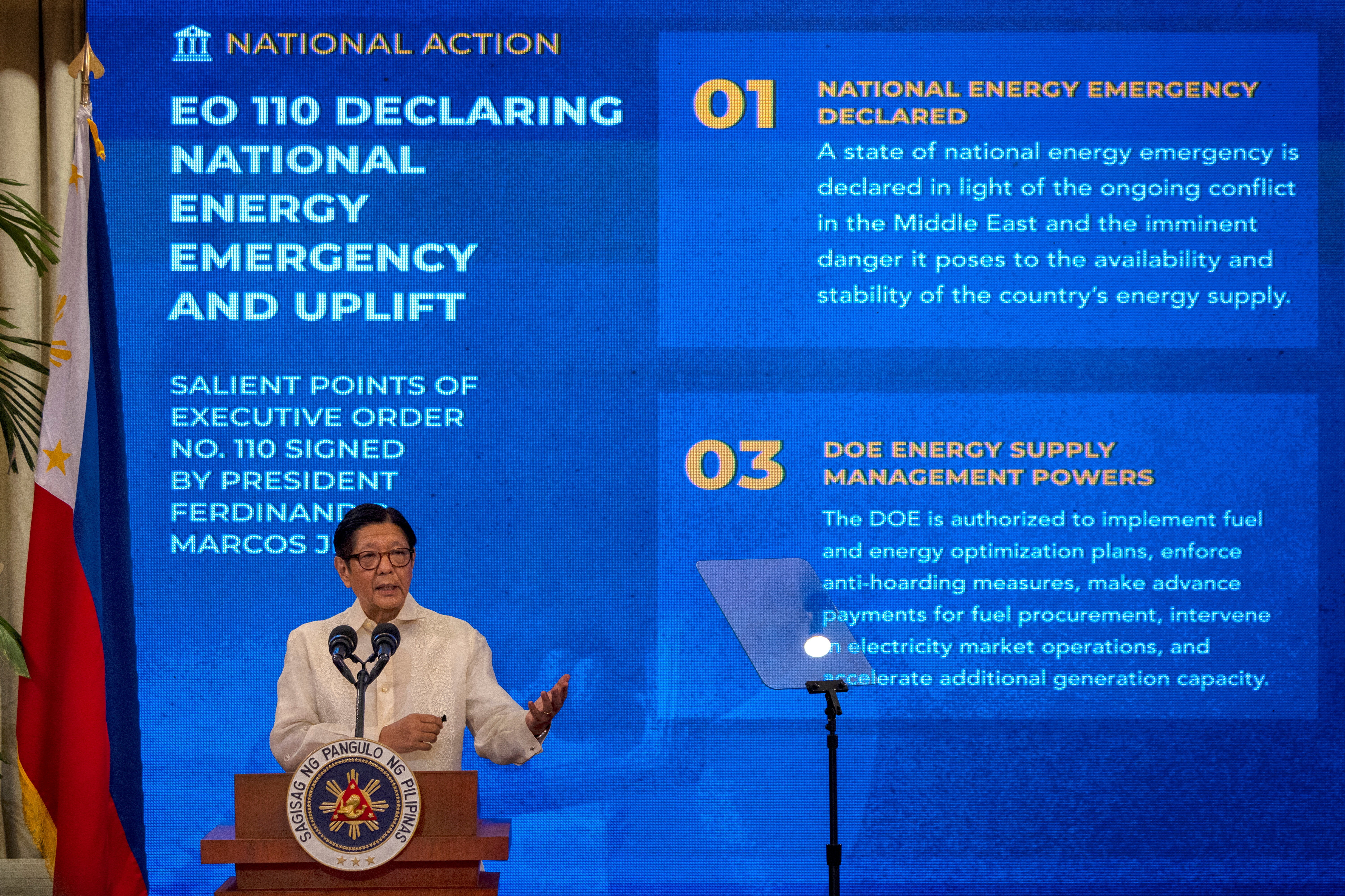 Philippine President Ferdinand Marcos Jr. speaks during a press conference after declaring a state of national emergency amid rising fuel prices due to the ongoing conflict in the Middle East, at Malacanang Palace in Manila, Philippines, March 25, 2026. Ezra Acayan/Pool via REUTERS