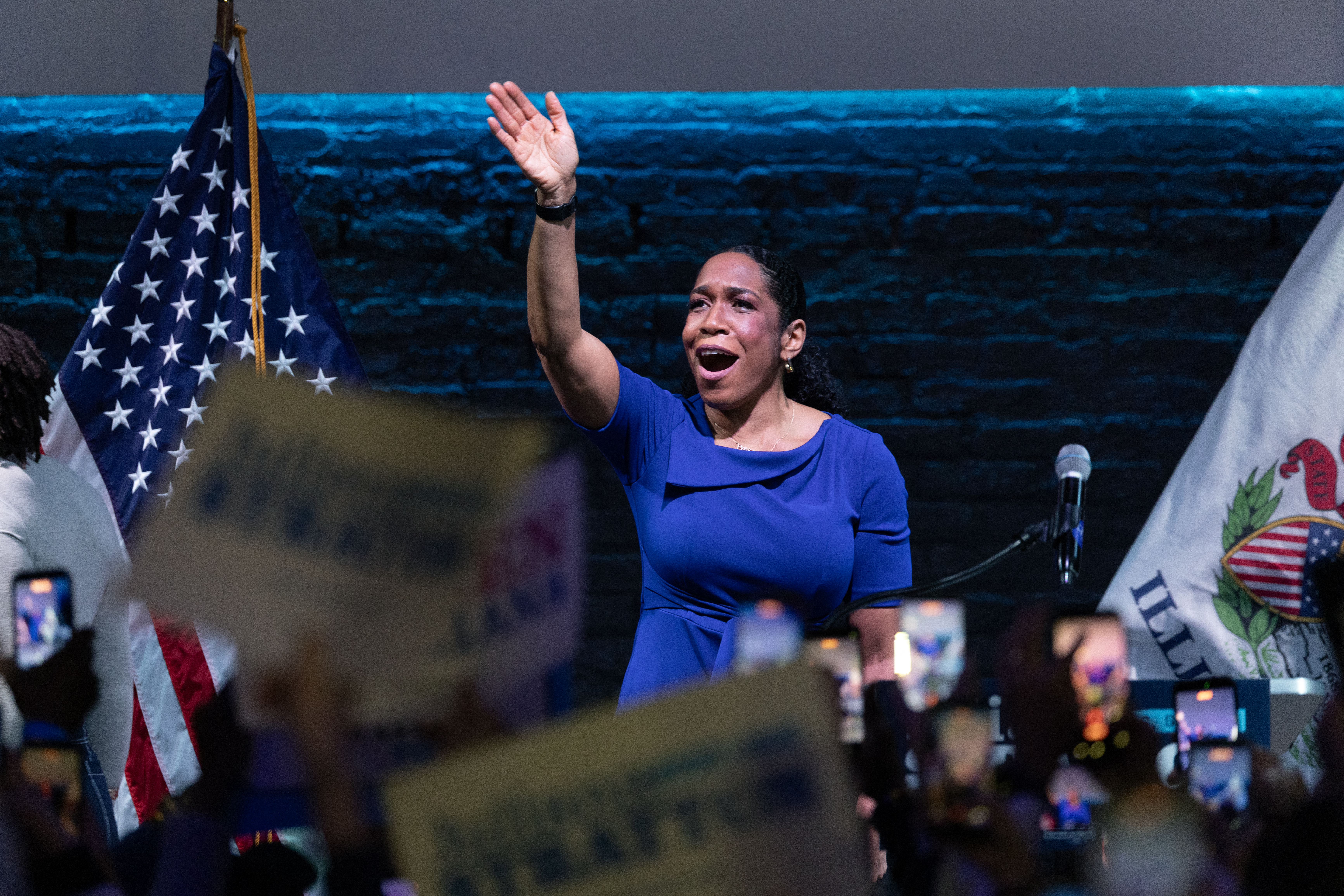 CHICAGO, ILLINOIS - MARCH 17: Illinois Democratic Senate candidate Lt. Governor Juliana Stratton celebrates her primary win on March 17, 2026 in Chicago, Illinois. Stratton is hoping to replace Sen. Dick Durbin (D-IL) who is retiring at the end of his term. Scott Olson/Getty Images/AFP (Photo by SCOTT OLSON / GETTY IMAGES NORTH AMERICA / Getty Images via AFP)