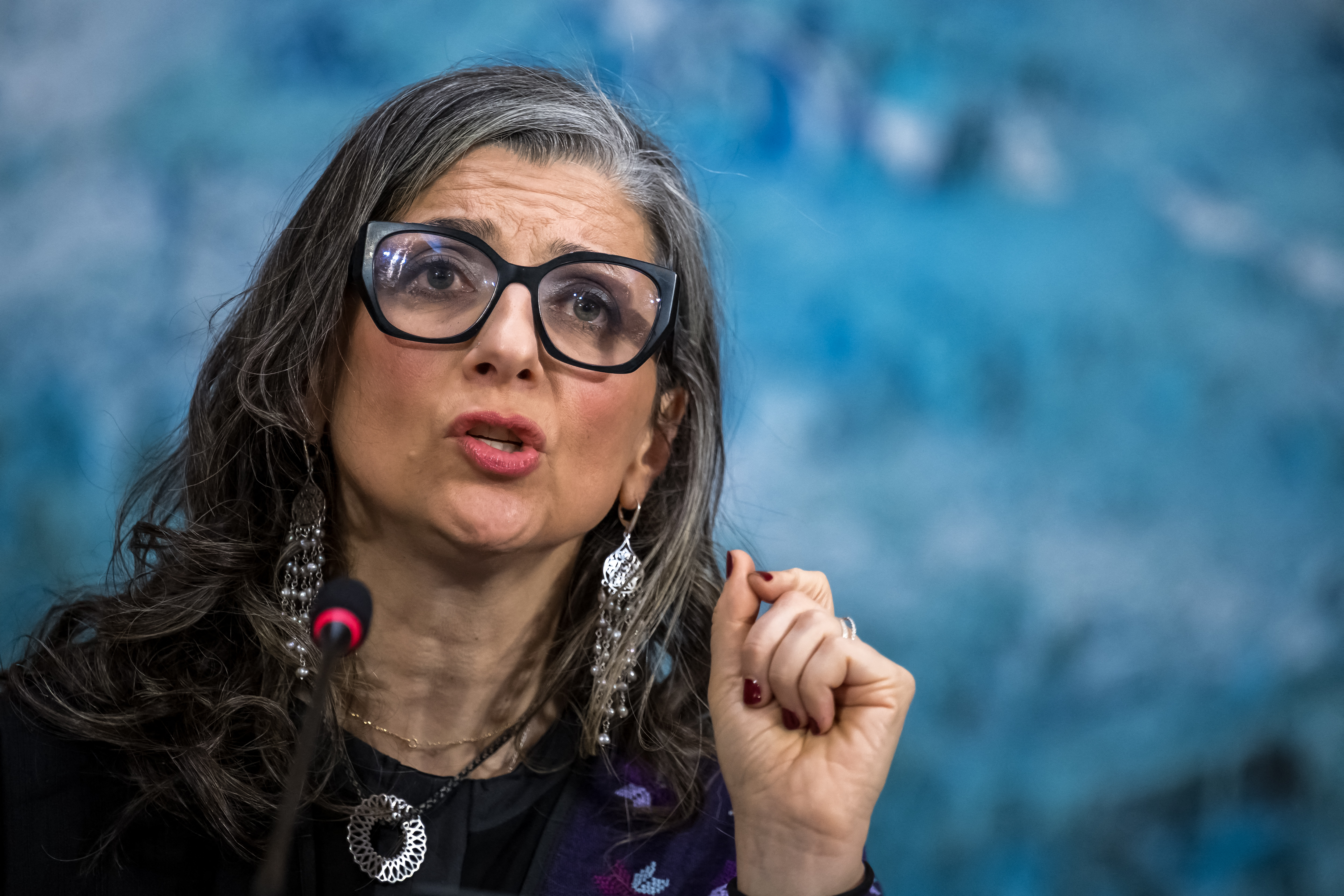 United Nations (UN) special rapporteur on the occupied Palestinian territories Francesca Albanese presents her latest report before delegates at the UN Rights Council, in Geneva, on March 23, 2026.