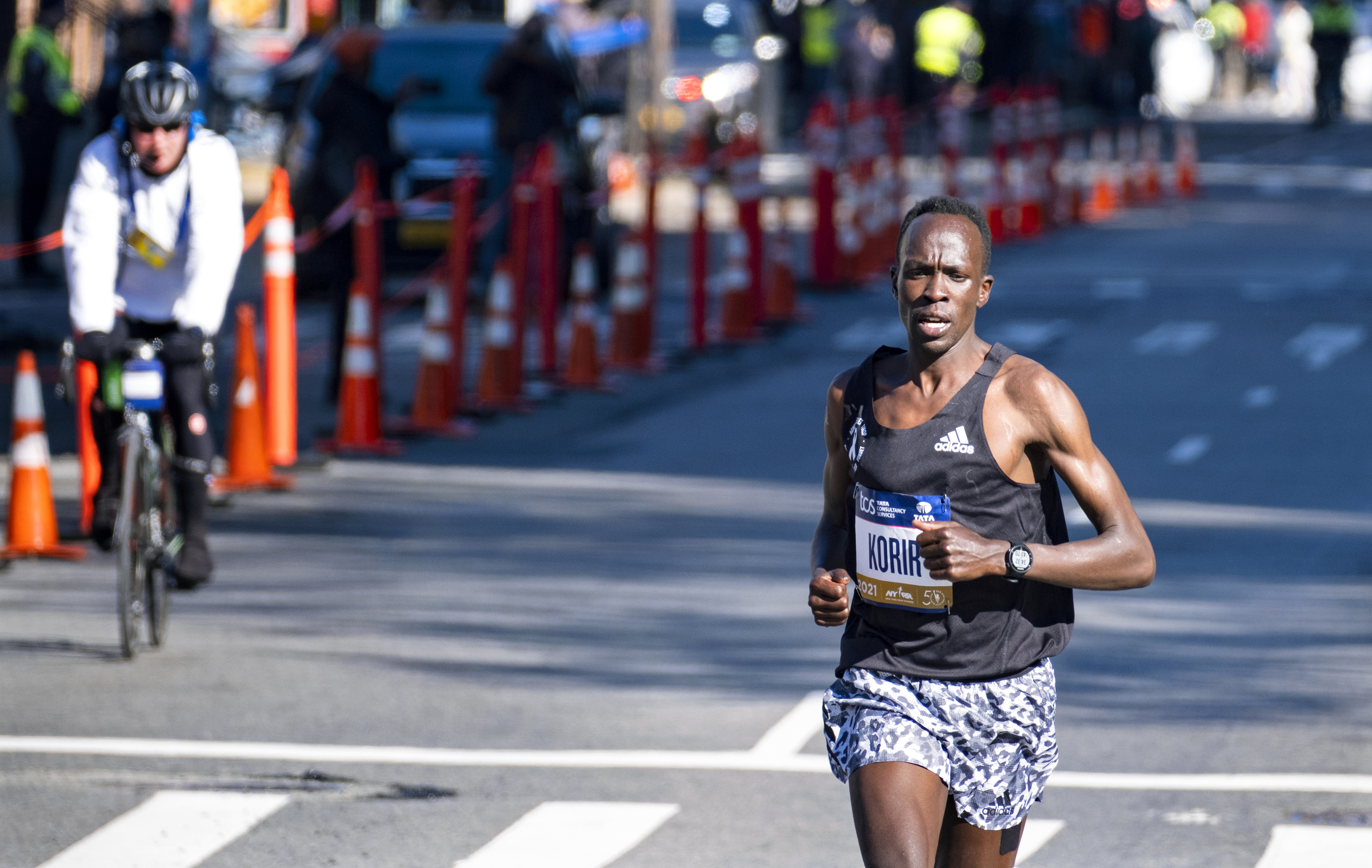 Albert Korir of Kenya runs alone as he leads, eventually winning the 50th New York City Marathon Sunday, Nov. 7, 2021. (AP Photo/Craig Ruttle)
