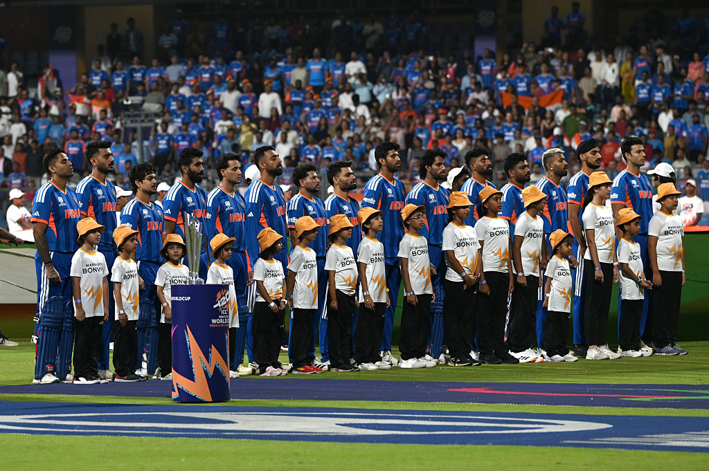 India line up for the national anthems ahead of the ICC Men's T20 World Cup India & Sri Lanka 2026 Semi-Final match between India and England at Wankhede Stadium