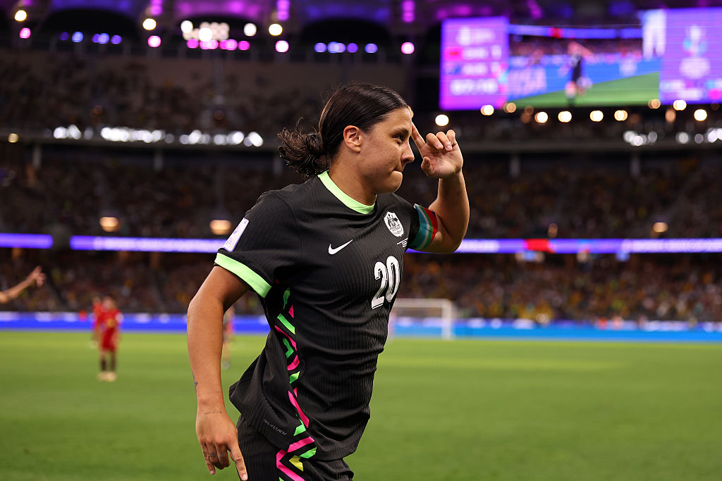 Sam Kerr of Australia celebrates scoring her team's second goal.