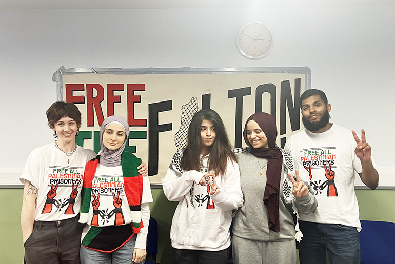 Twenty-four people were accused of breaking into Elbit Systems UK in August 2024, including, from left: Madeleine Norman, Teuta Hoxha, Heba Muraisi, Qesser Zuhrah, and Kamran Ahmed [Anealla Safdar/Al Jazeera]