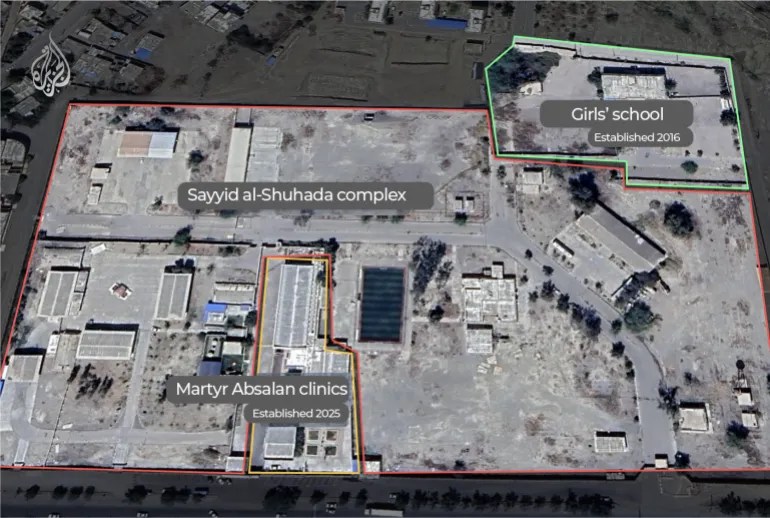 The adjacent Martyr Absalan Specialised Clinic (lower centre, in yellow), which opened in early 2025 and was separated by an independent civilian entrance, and which sustained no damage during the latest bombardment