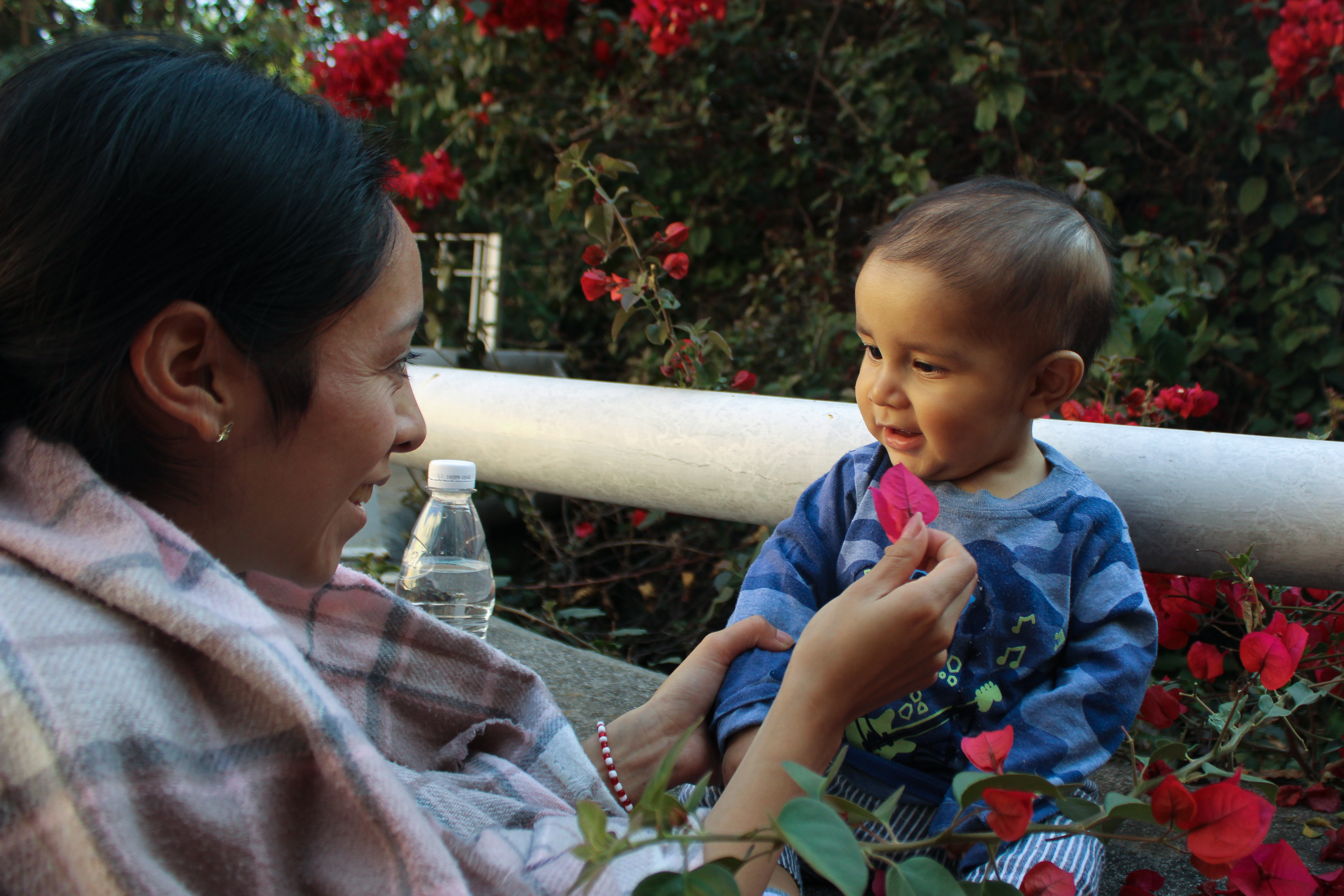 Smiling and laughing, Luisa plays with a red flower in front of her son Juan de Jesús’ damaged eye in the shelter’s garden, turning colour and motion into a shared game_-1773831298