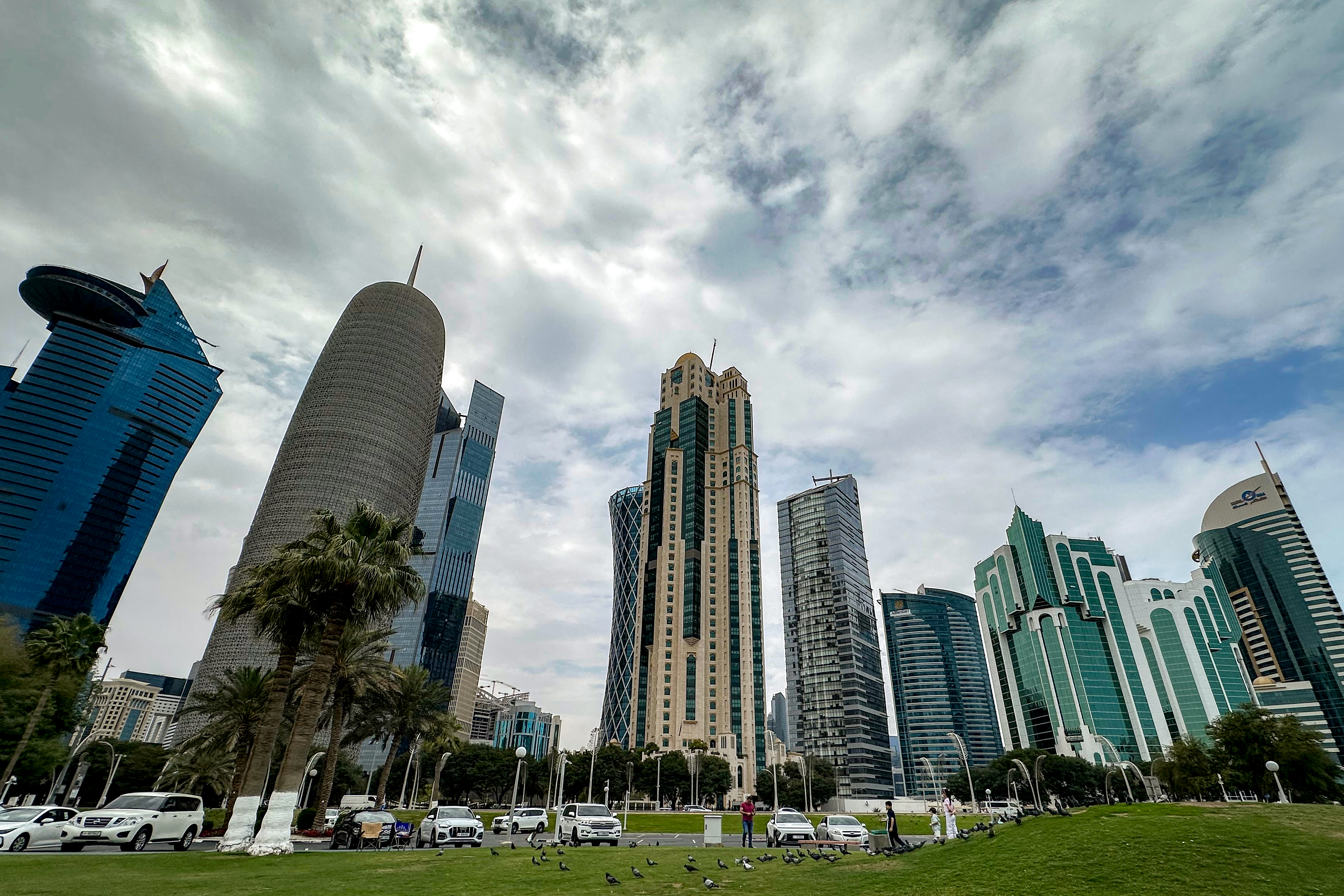 Pigeons are pictured on a lawn near high-rise buildings by an overcast sky along the Doha corniche on March 8, 2026. (Photo by Karim JAAFAR / AFP)