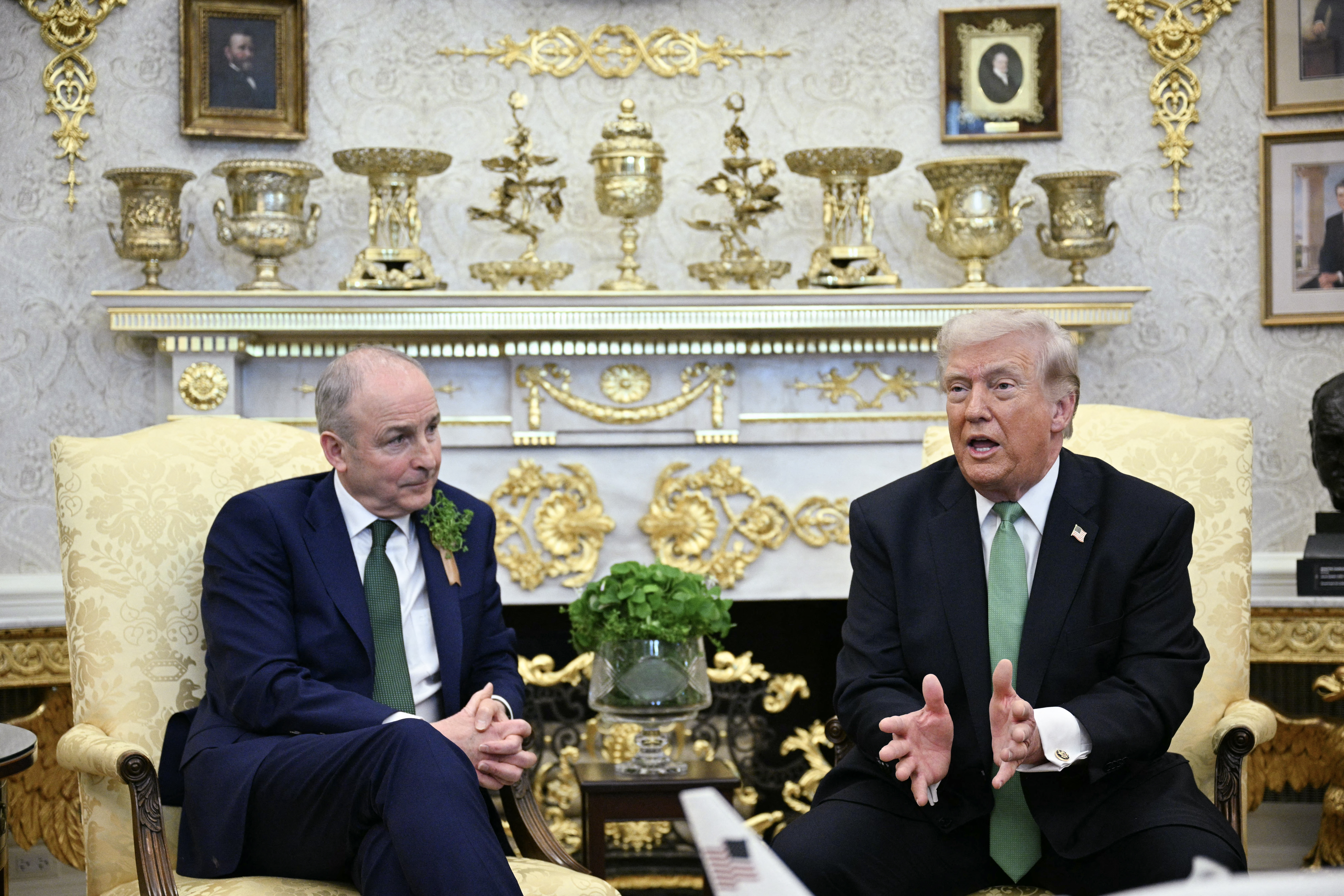 US President Donald Trump meets with Taoiseach of Ireland Micheál Martin during a bilateral meeting in the Oval Office of the White House in Washington, DC on March 17, 2026.