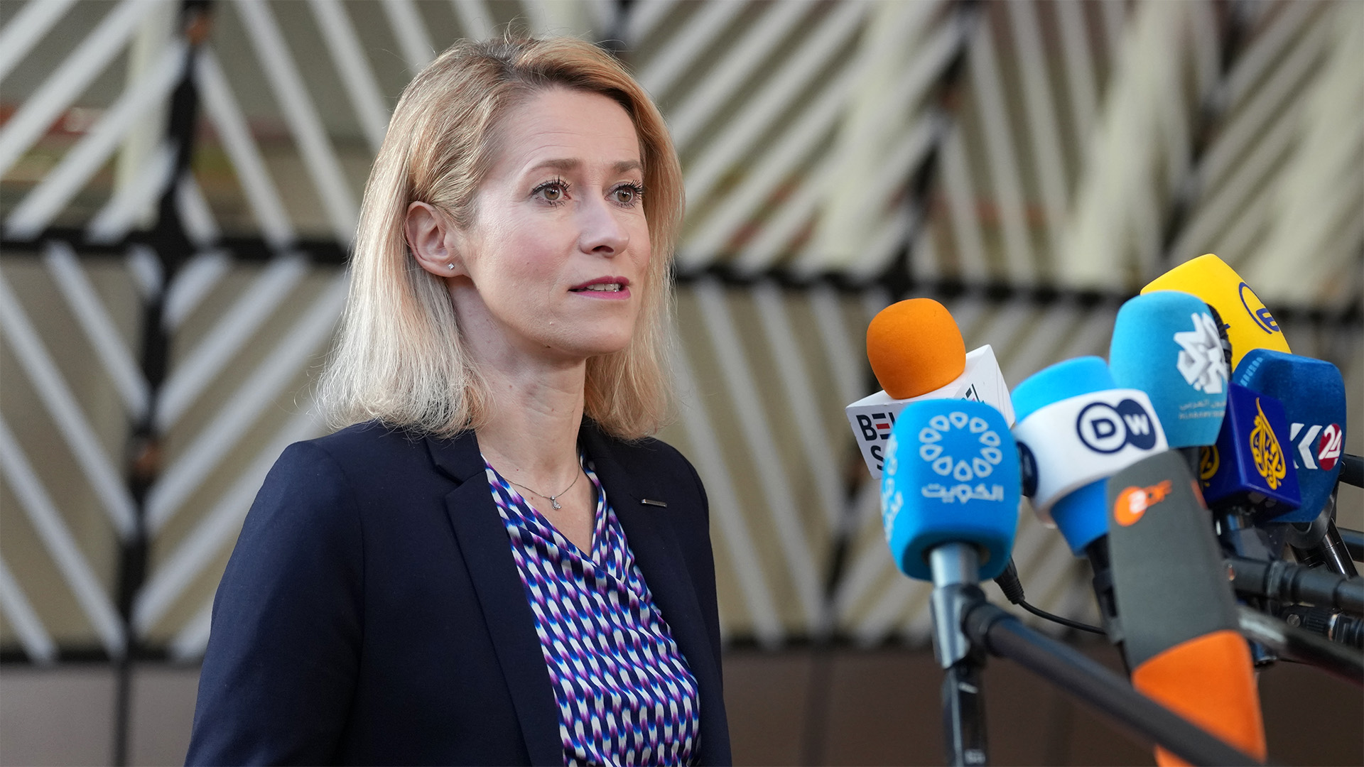 European Union foreign policy chief Kaja Kallas speaks with the media as she arrives for a meeting of EU foreign ministers at the European Council building in Brussels, Monday, March 16, 2026. (AP Photo/Virginia Mayo)