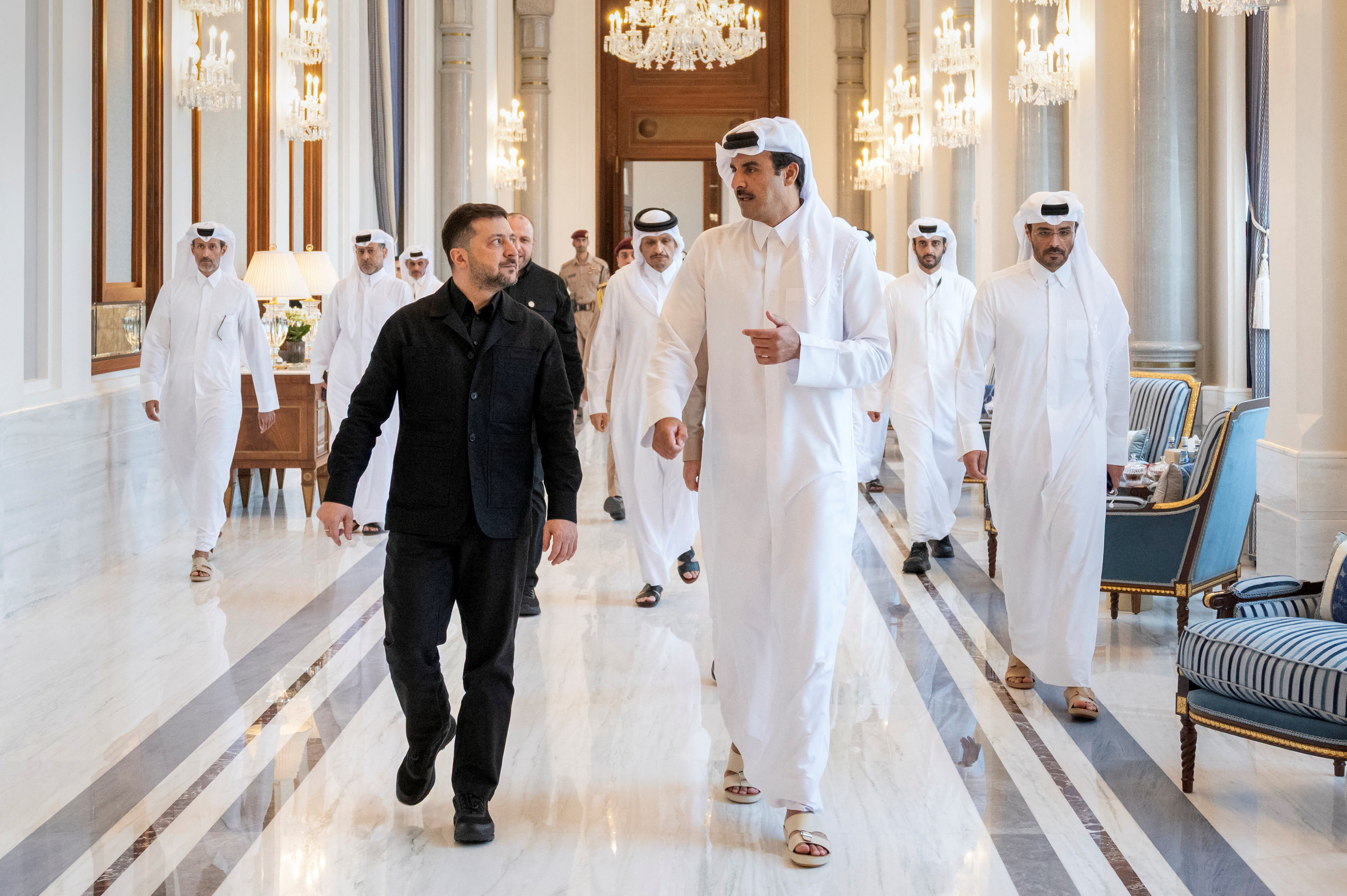 The Emir of Qatar, Sheikh Tamim bin Hamad Al Thani, meets President of Ukraine, Volodymyr Zelenskiy, in Doha, Qatar, March 28, 2026. Amiri Diwan/Handout via REUTERS THIS IMAGE HAS BEEN SUPPLIED BY A THIRD PARTY.