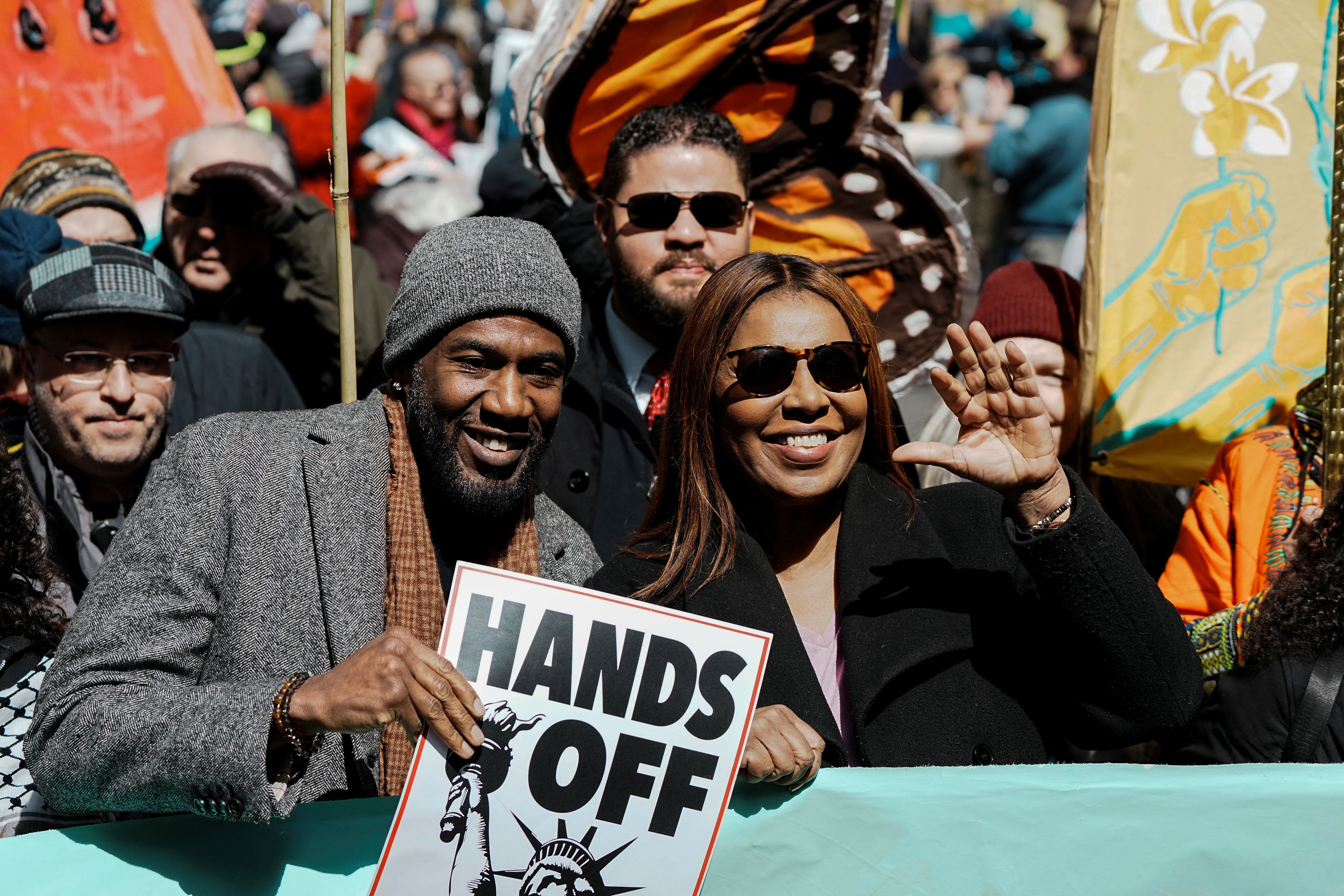 New York Attorney General Letitia James and Jumaane Williams, New York City Public Advocate, attend a "No Kings" protest against U.S. President Donald Trump's administration policies, in New York City, New York, U.S., March 28, 2026. REUTERS/Eduardo Munoz