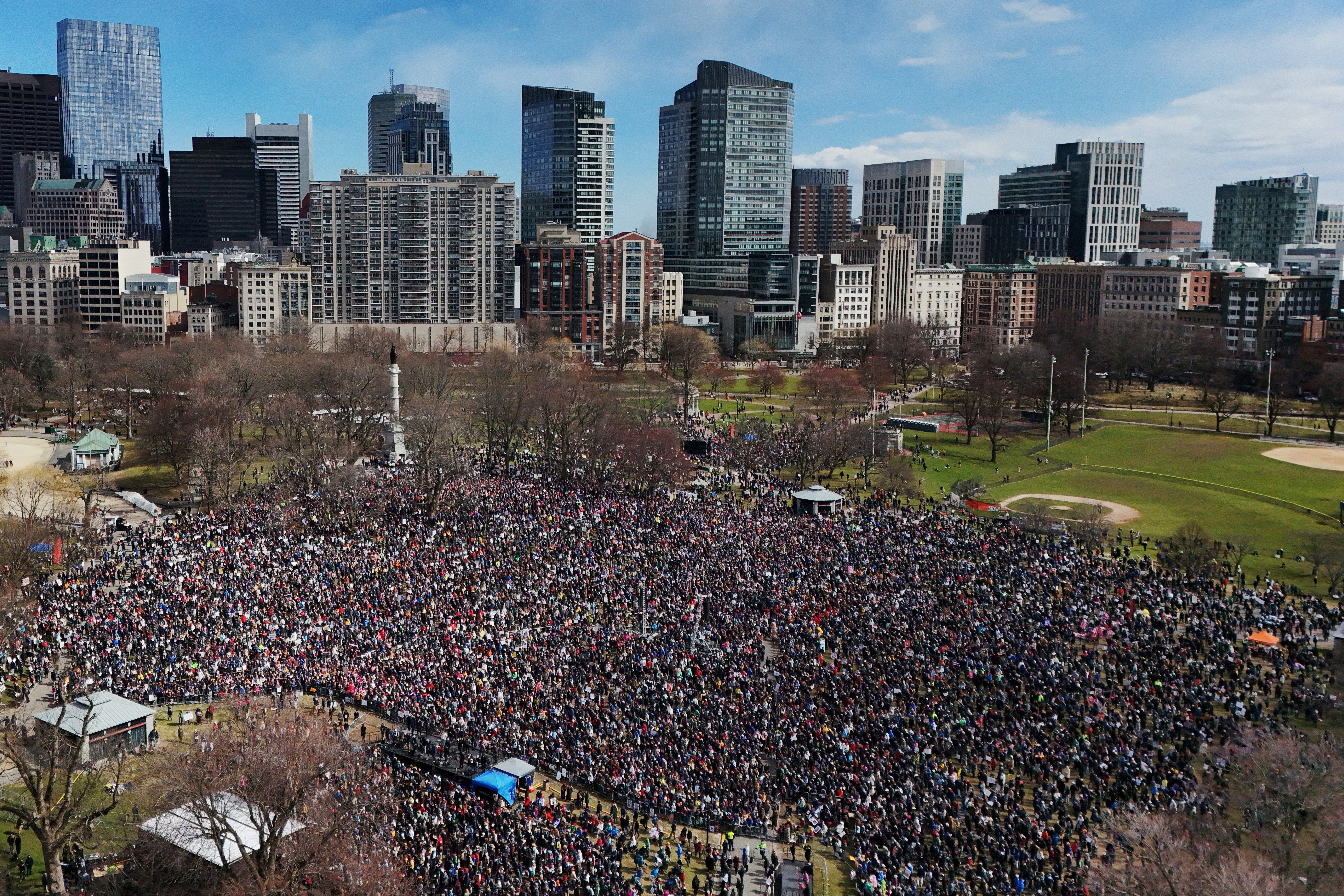 A drone view shows demonstrators gathered for a "No Kings" protest against U.S. President Donald Trump's administration policies in Boston, Massachusetts, U.S., March 28, 2026. REUTERS/Brian Snyder