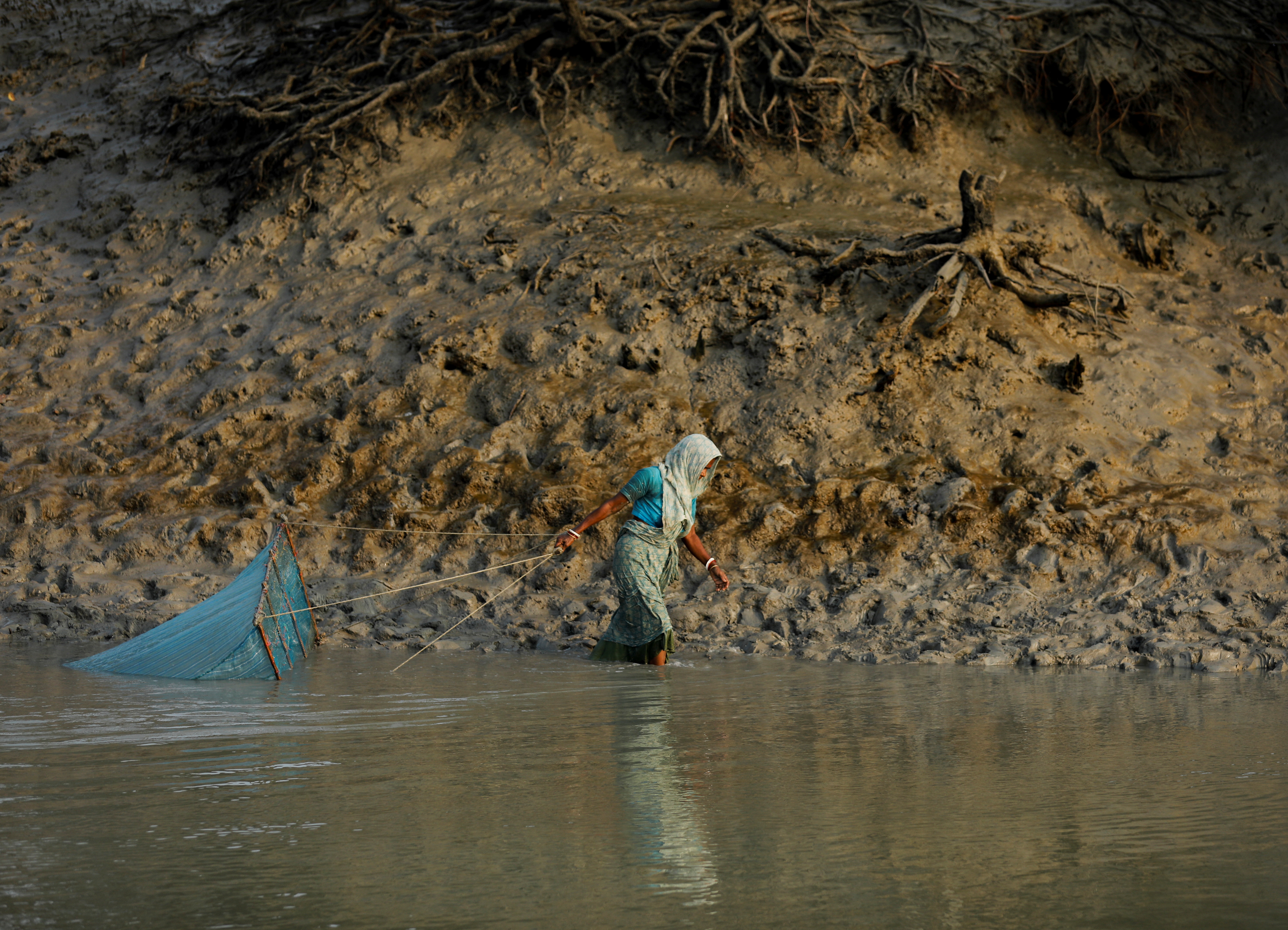 A woman fishes along the banks of a river near the island of Satjelia in the Sundarbans, India, on December 16, 2019