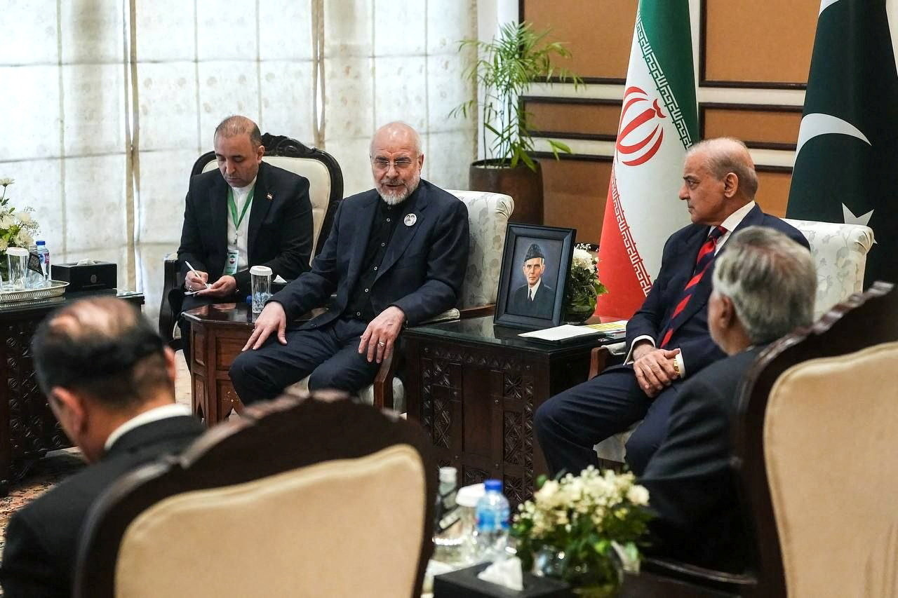 Pakistan's Prime Minister Shehbaz Sharif meets with Iranian Parliament Speaker Mohammad Bagher Ghalibaf, as delegations from the United States and Iran are expected to hold peace talks, in Islamabad, Pakistan, April 11, 2026. Office of the Iranian Parliament Speaker/WANA (West Asia News Agency)/Handout via REUTERS ATTENTION EDITORS - THIS PICTURE WAS PROVIDED BY A THIRD PARTY. BEST QUALITY AVAILABLE.