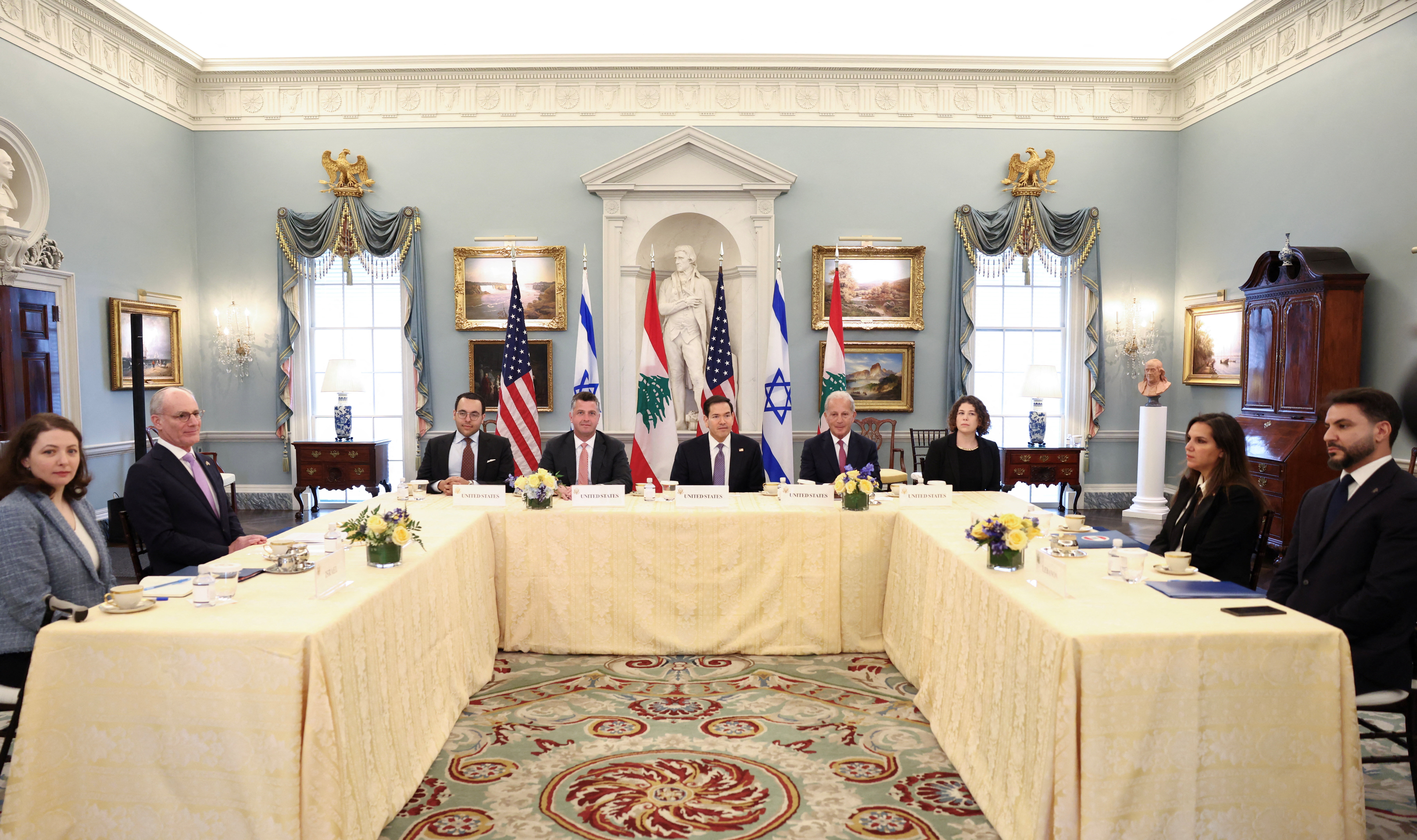 U.S. Secretary of State Marco Rubio meets with Israeli Ambassador to the United States Yechiel Leiter and Lebanese Ambassador to the United States Nada Hamadeh Moawad at the State Department in Washington