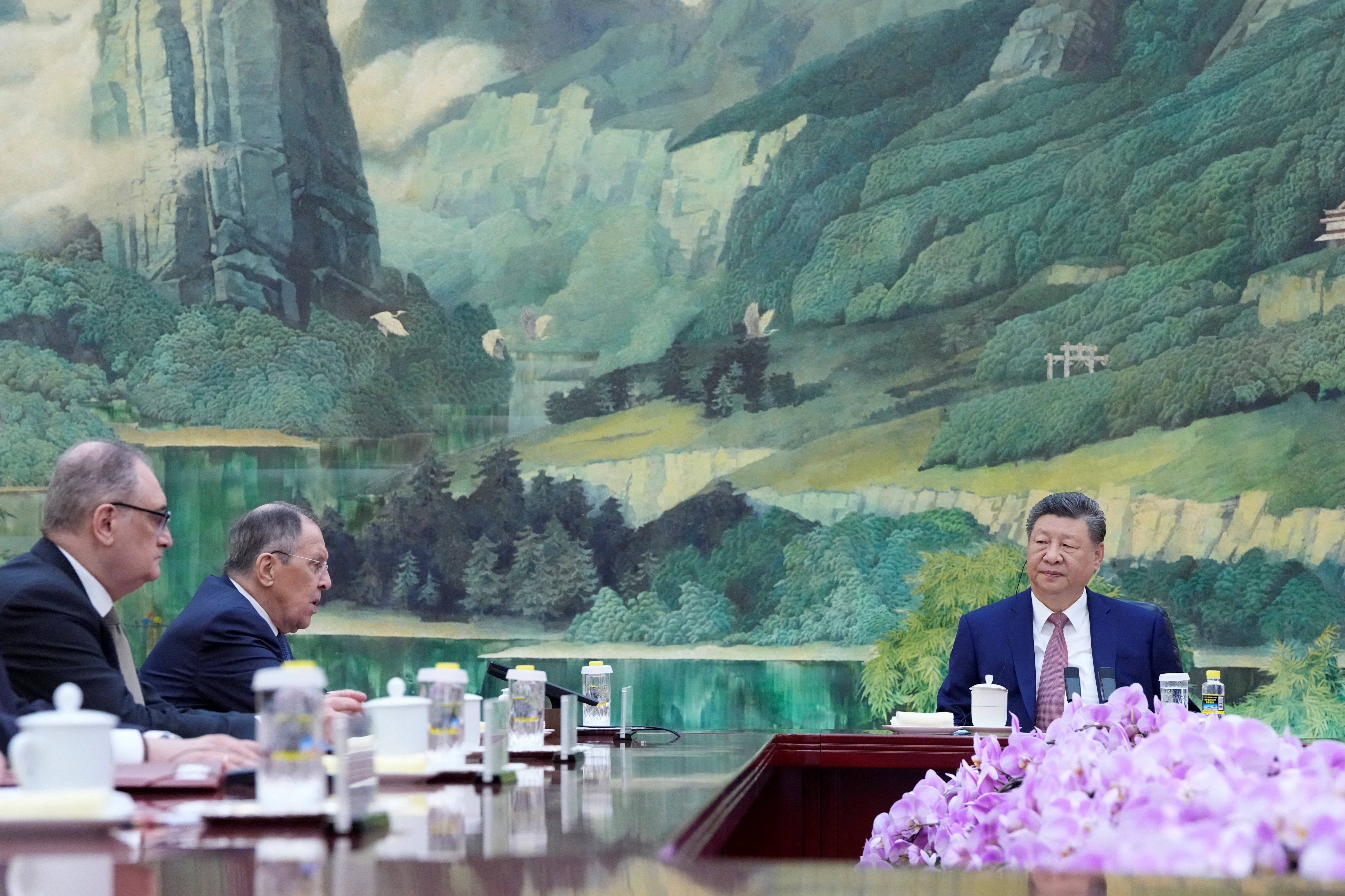 Russia’s Foreign Minister Sergei Lavrov (2nd L) attends a meeting with China’s President Xi Jinping at the Great Hall of the People in Beijing, China April 15, 2026. Iori Sagisawa/Pool via REUTERS